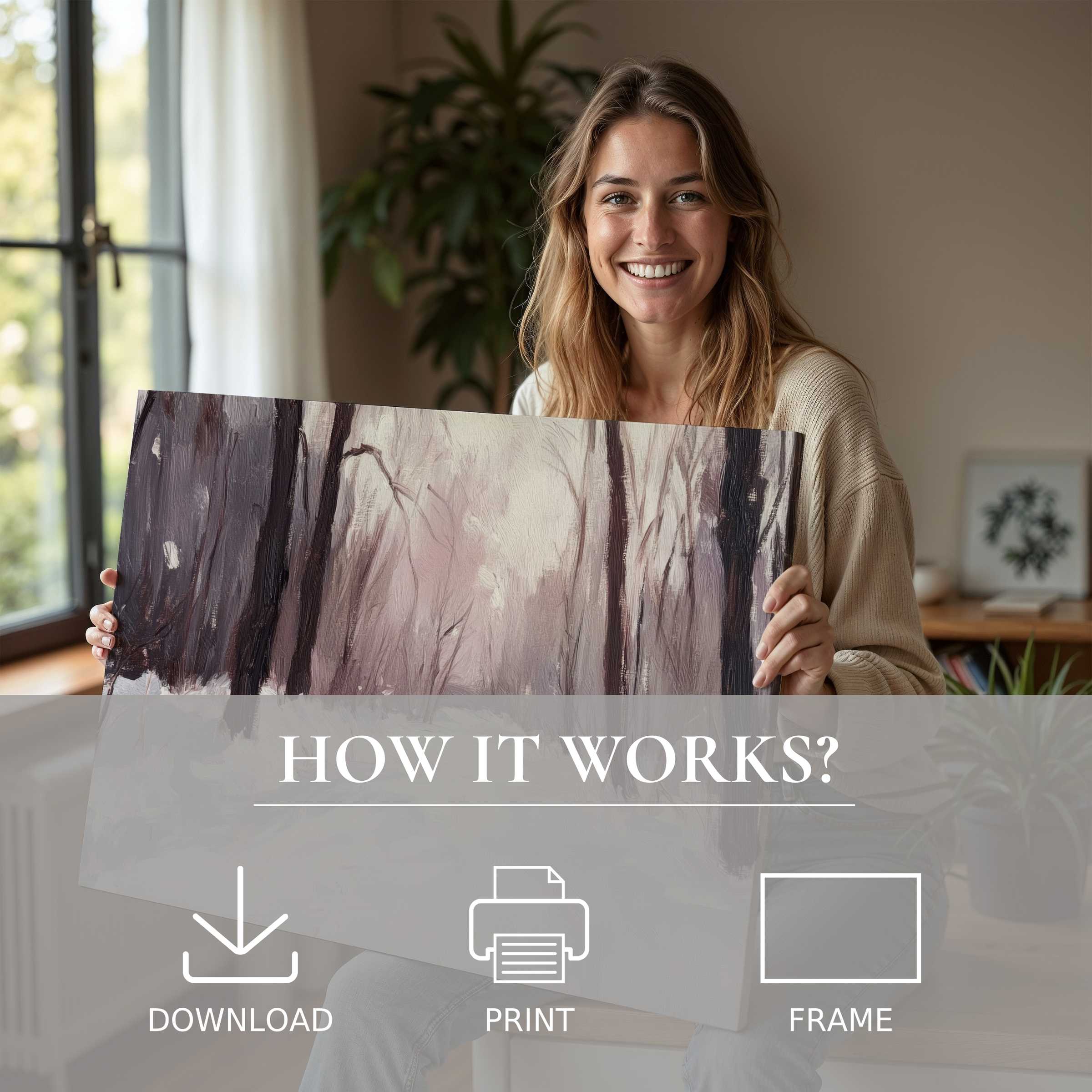 Radiant with joy, a woman reveals a winter digital art print, inviting serene moments and effortless elegance into modern living spaces