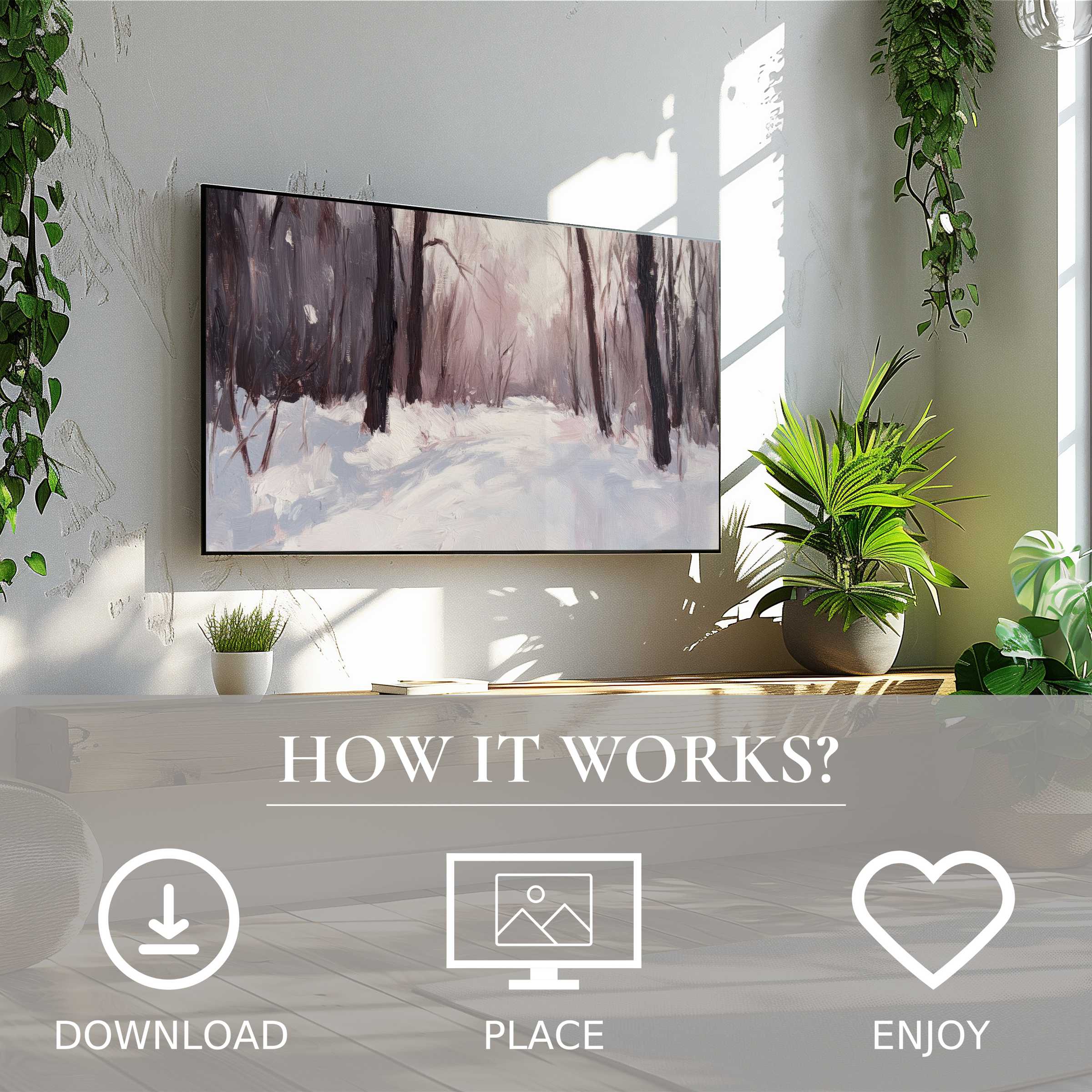 Winter art for Samsung TV showing soft, muted snowfall forest; easy digital download enriches your modern living space