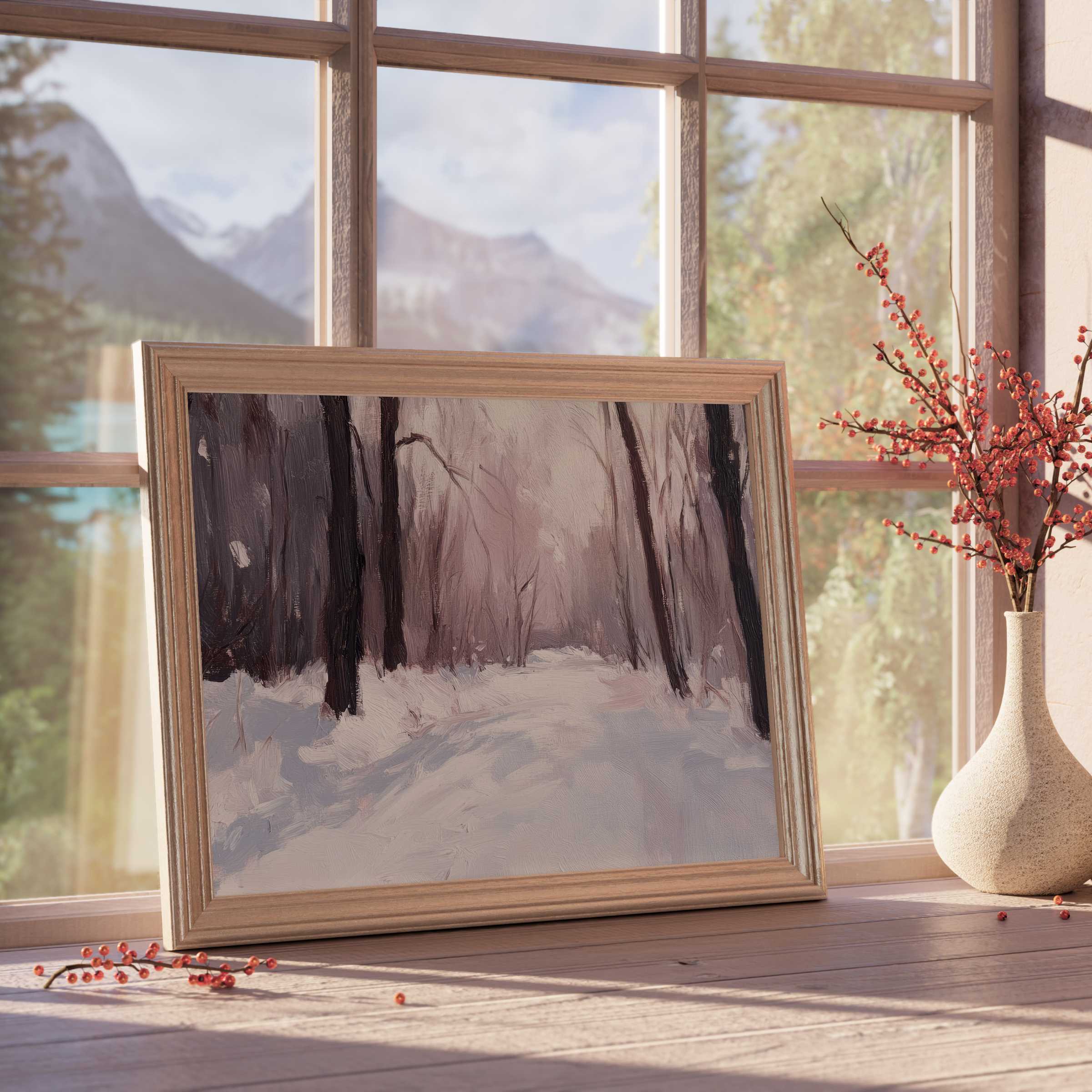 Winter downloadable art capturing a serene snow-laden forest path in muted tones, elevating elegant, tranquil interiors with rustic charm and cozy sophistication