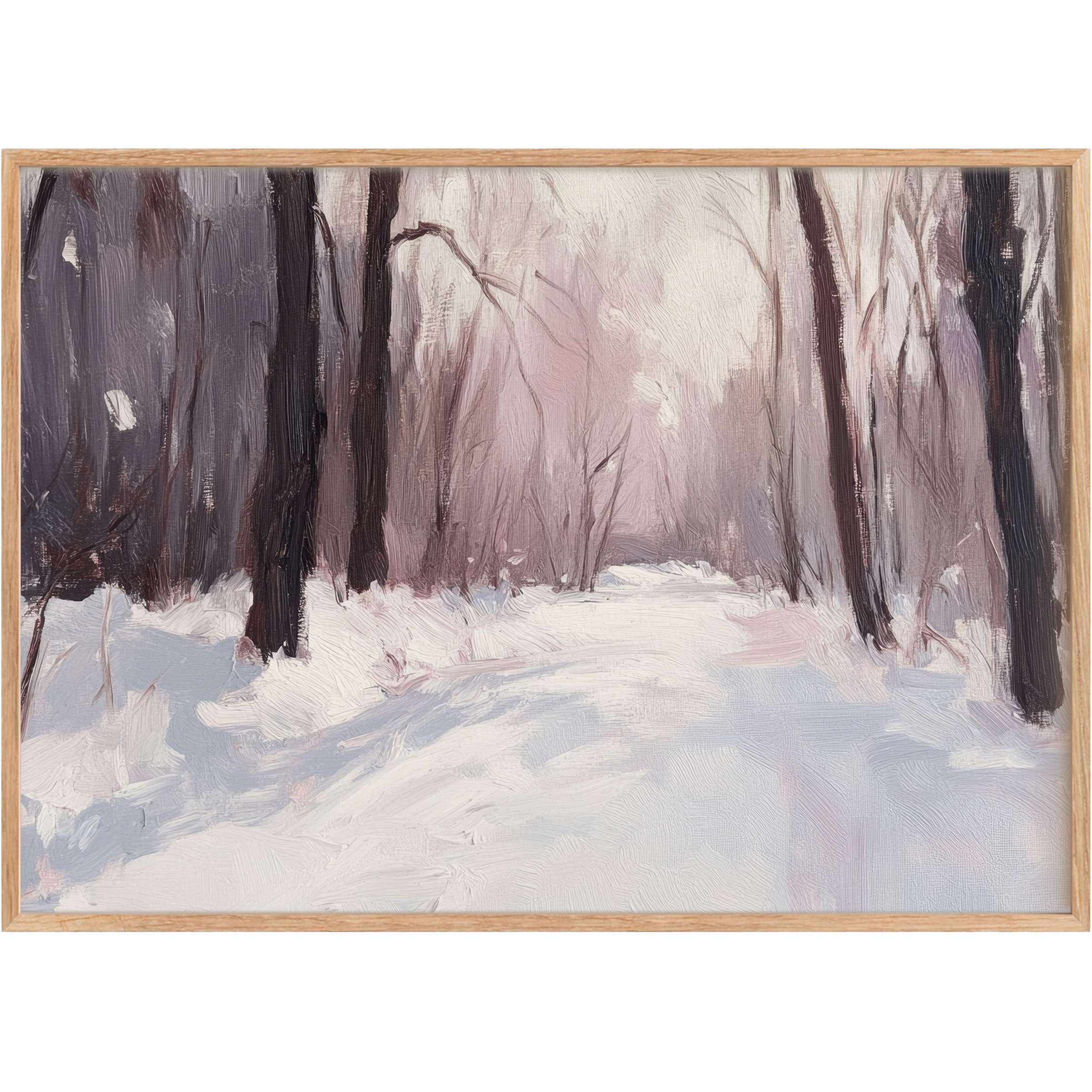 Winter printable wall art capturing a serene snowy forest path in soft mauve and icy blue hues, evoking calm elegance