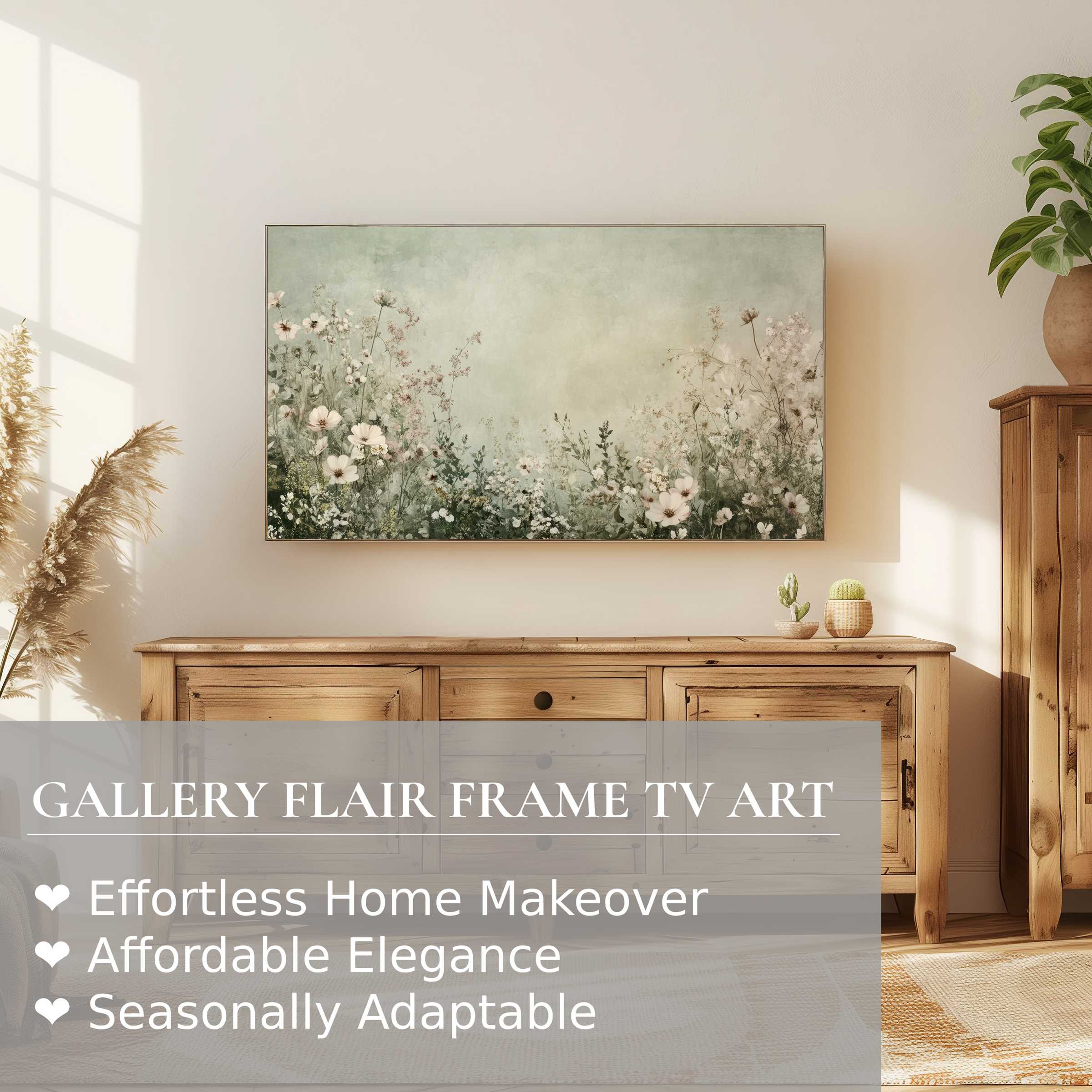 Samsung Frame TV with serene boho digital artwork in a sunlit, elegant living space with natural wood accents