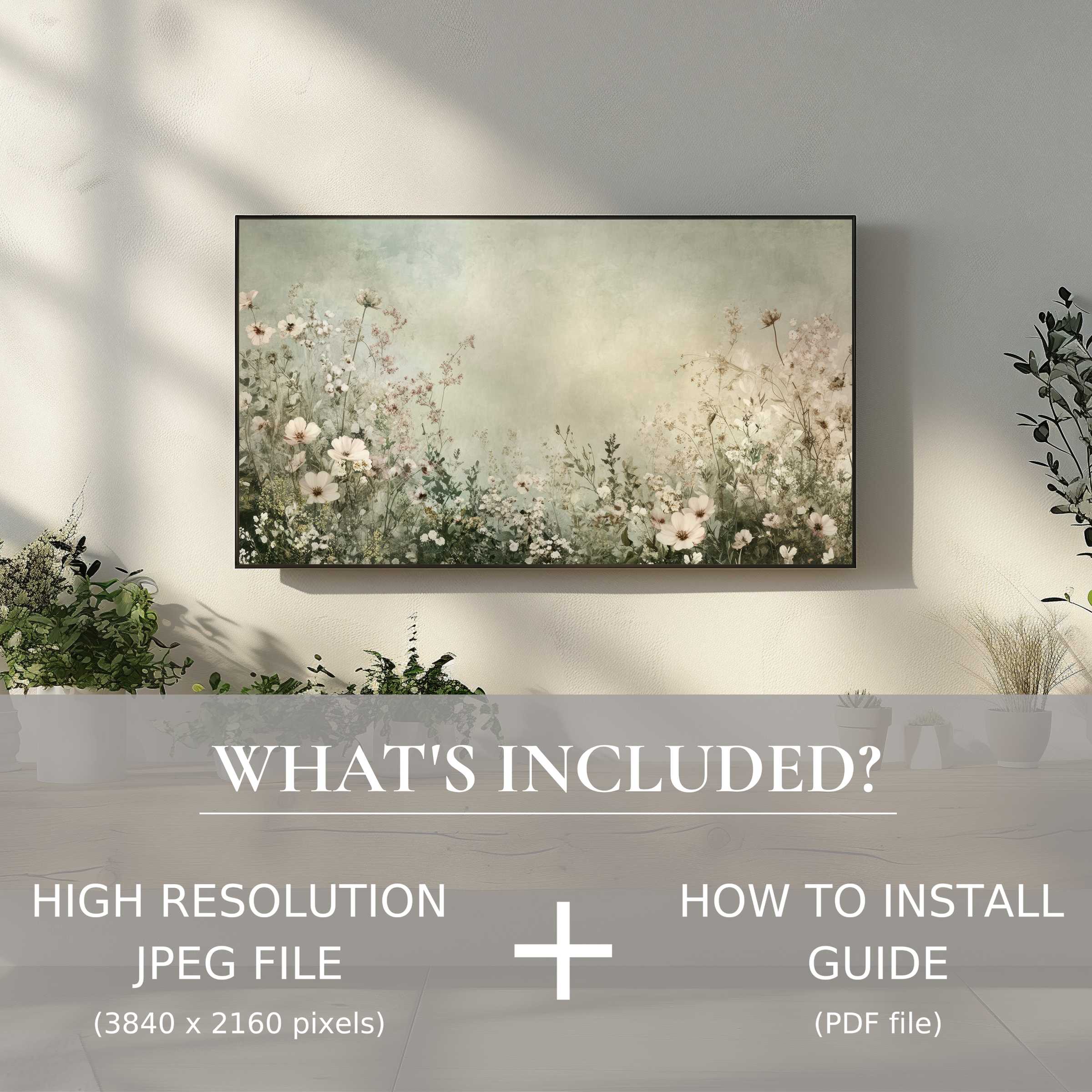 Elegant boho digital TV art download, easy to use, elevates living spaces with soft, floral digital artwork glow