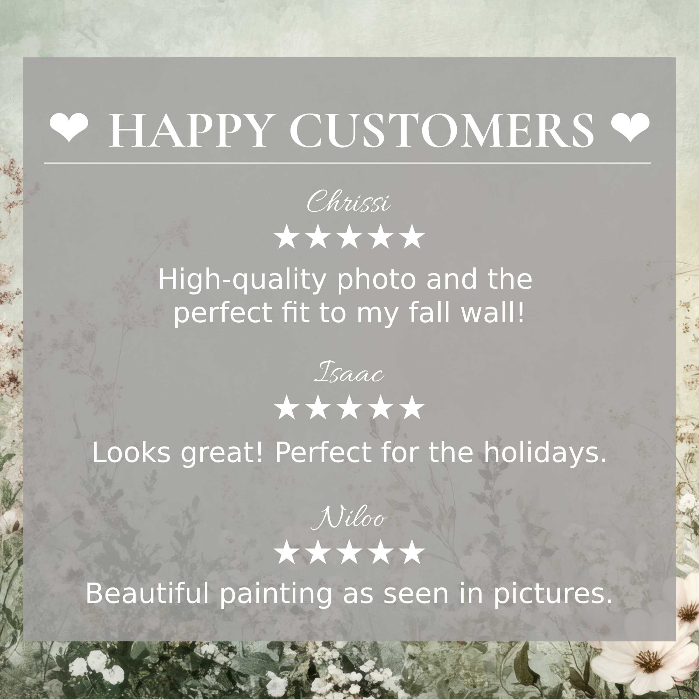 Boho art for Frame TV with delicate floral background; happy customer reviews build trust and showcase elegance
