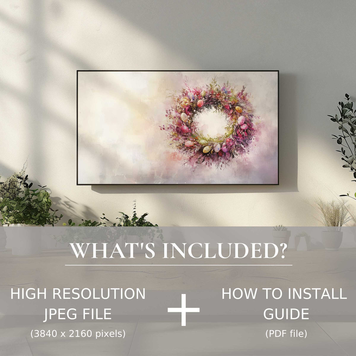 Elegant living space with easter digital TV art download, effortless digital use enhances your modern decor