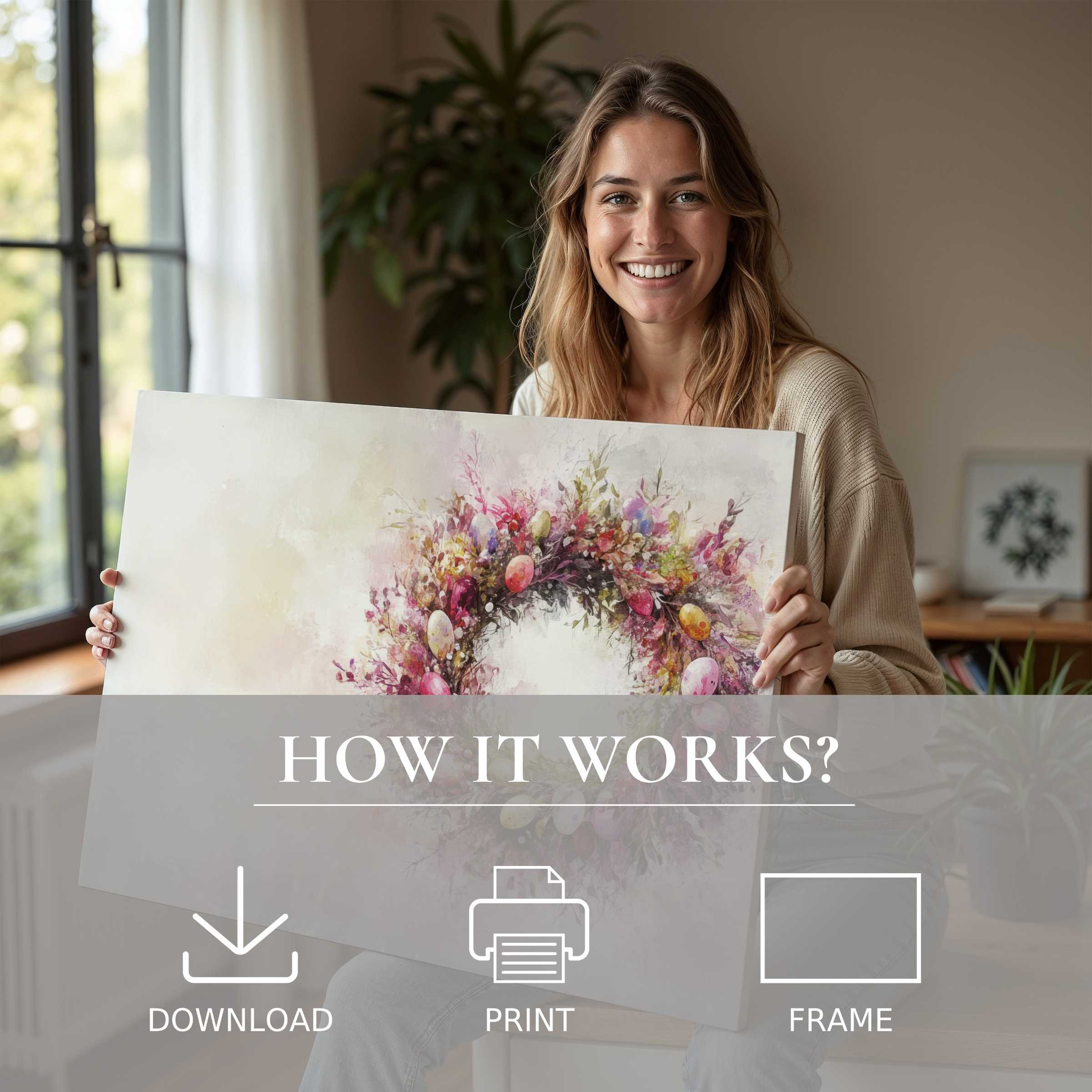 Joy radiates in a modern sanctuary where a delicate Easter digital art print blooms, celebrating effortless elegance in home decor
