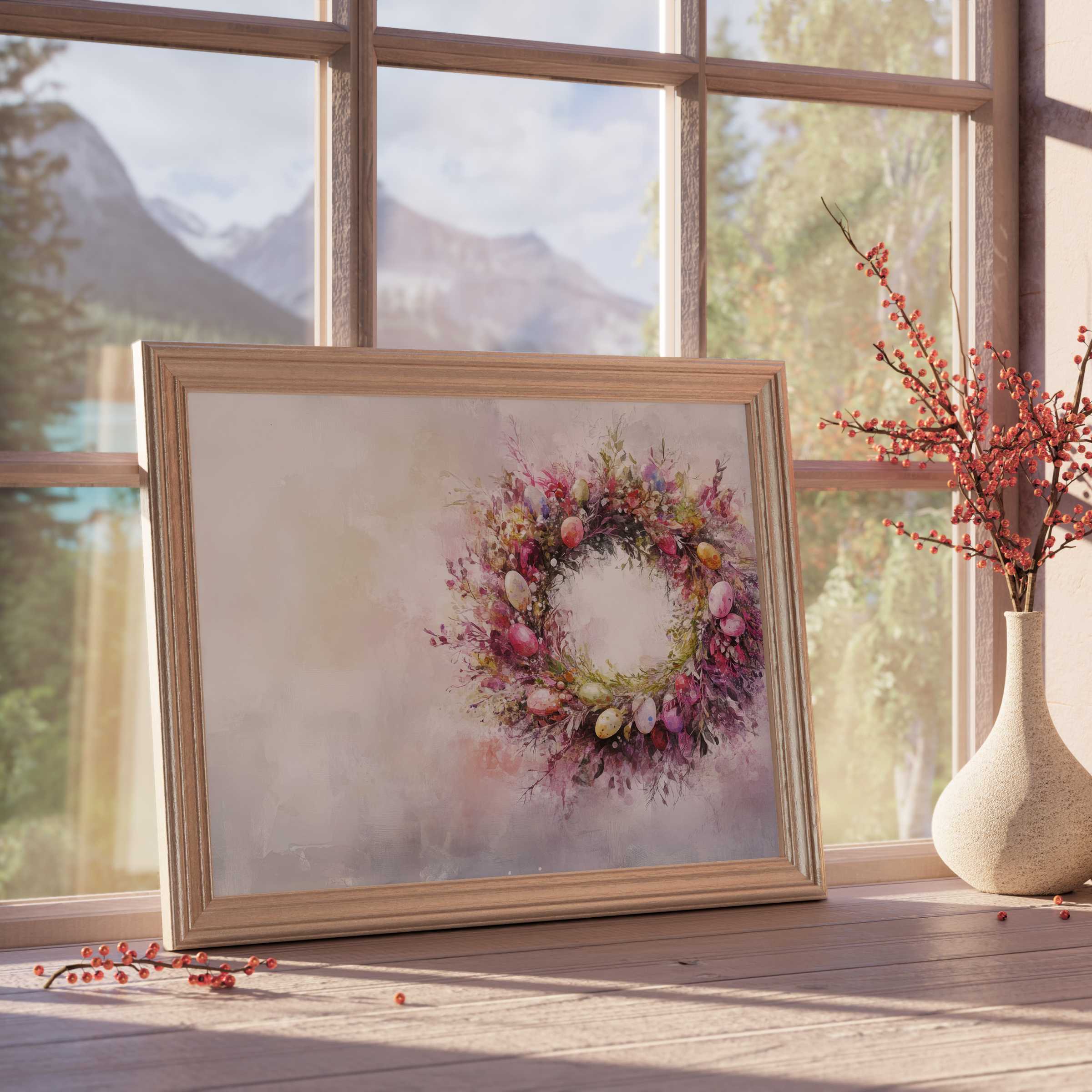 Elegant easter downloadable art featuring a vibrant floral wreath with pastel eggs, enhancing serene, curated interiors with warm natural light