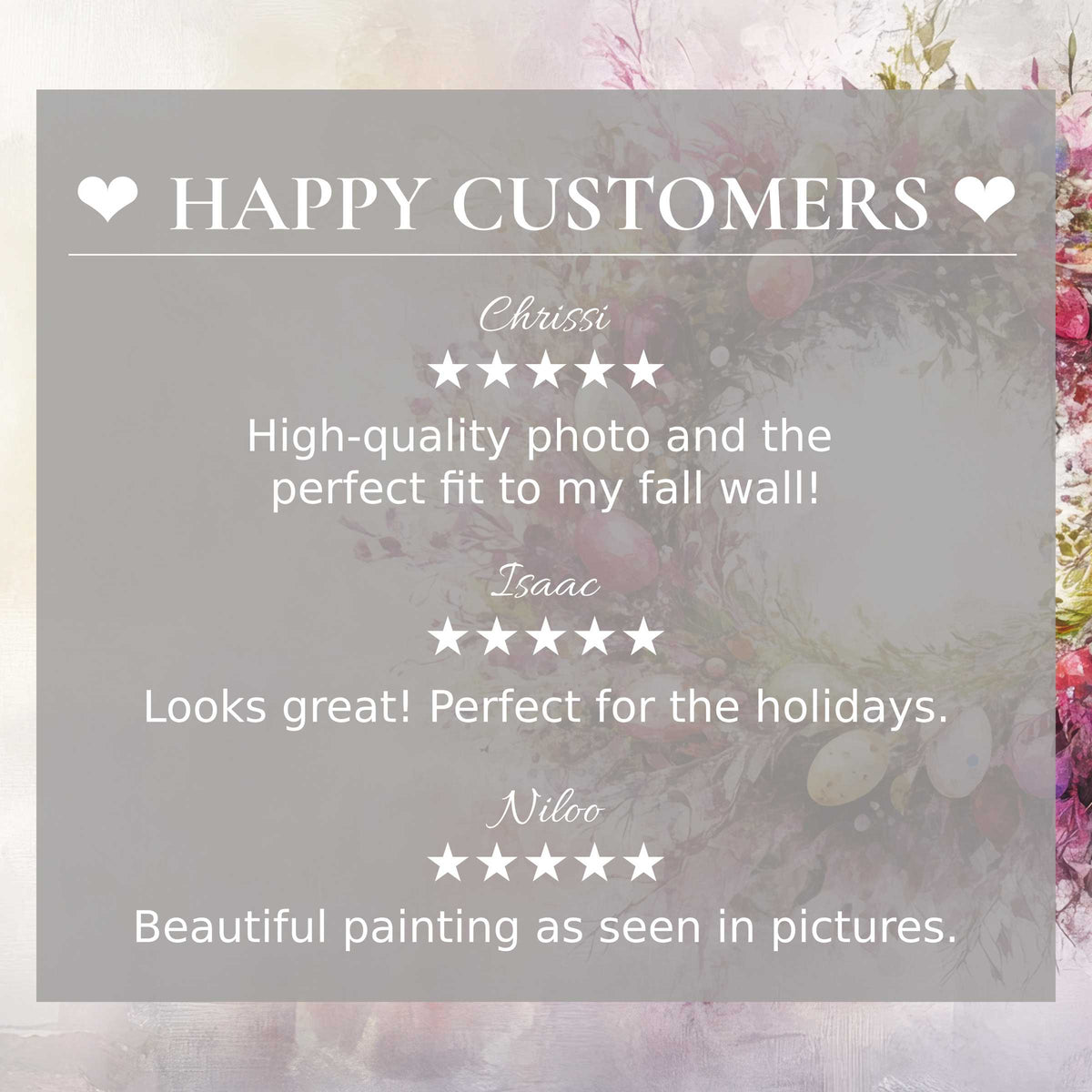 Elegant easter art for Frame TV with soft floral background, showcasing happy customer reviews that build trust