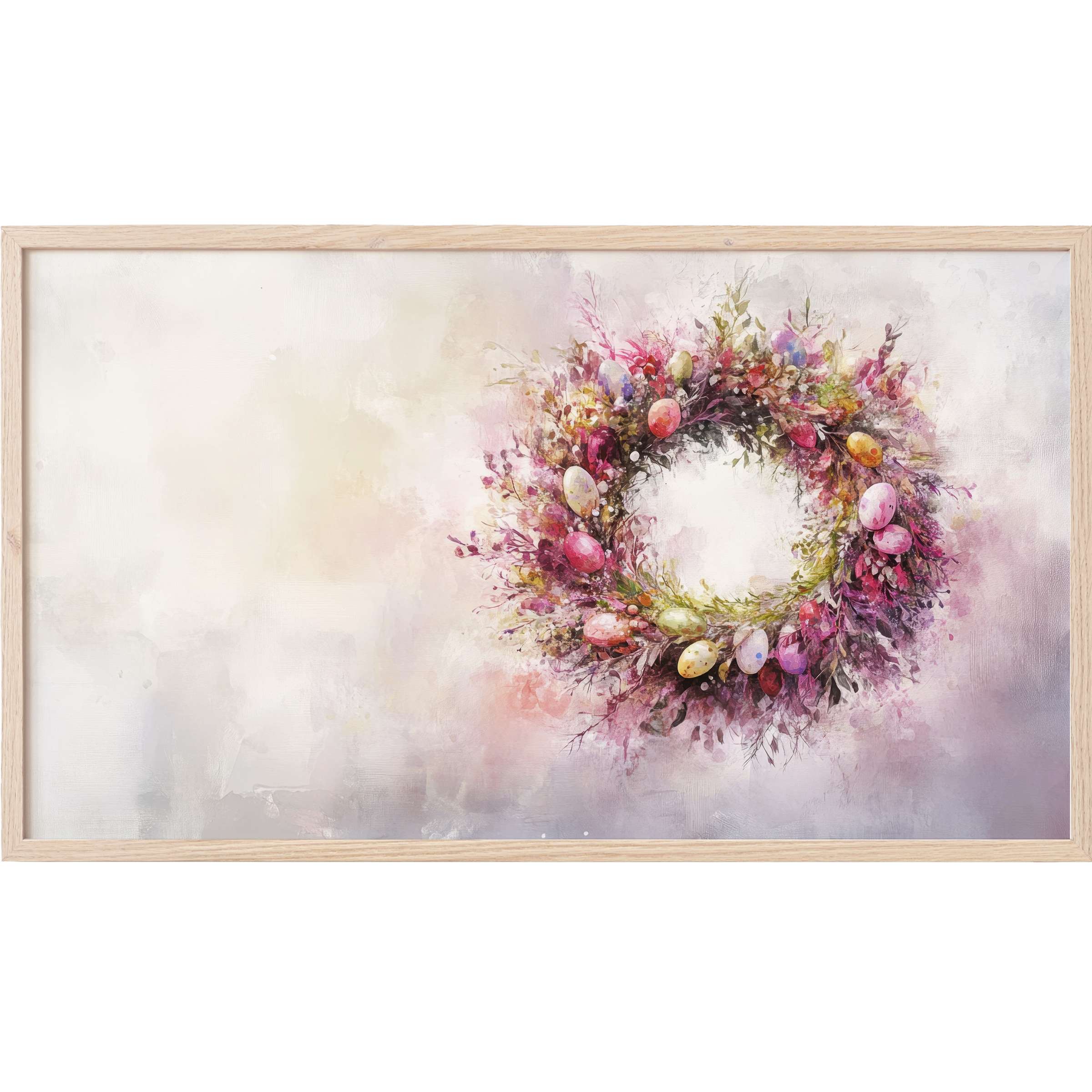Elegant pastel wreath with delicate Easter eggs in soft pinks and purples, a refined easter Frame TV Art