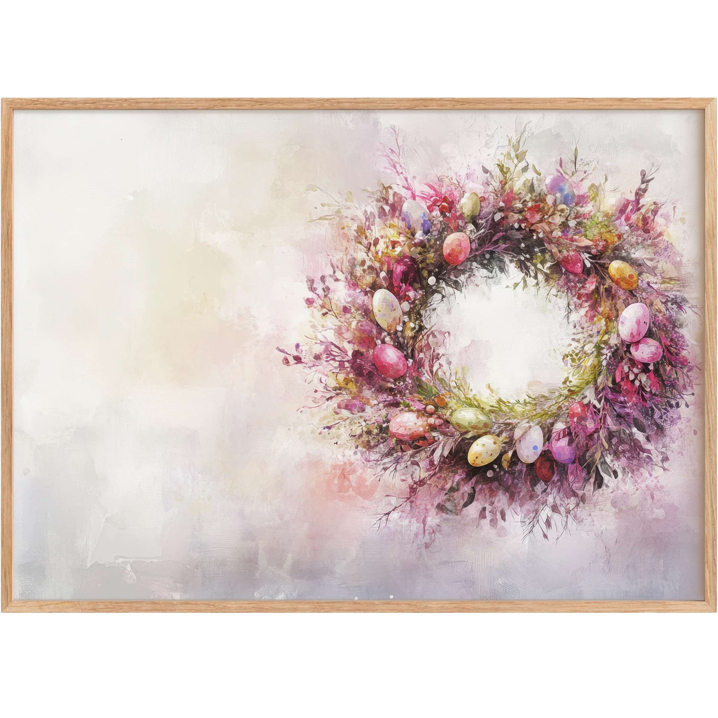 Easter printable wall art with a delicate wreath of pastel eggs and blossoms, evoking a radiant, enchanting spring ambiance