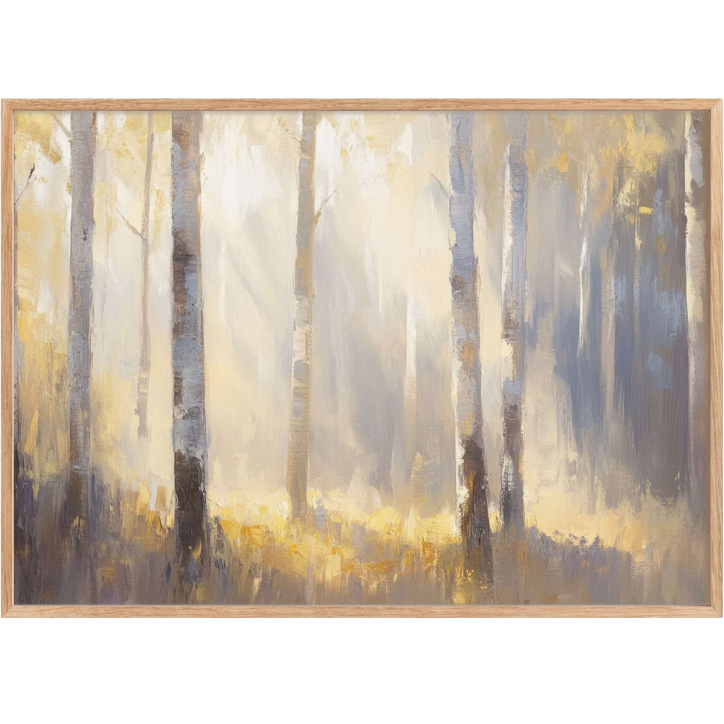 Ethereal fall printable wall art with soft gold and gray tones, creating a serene, radiant forest atmosphere for elegant spaces