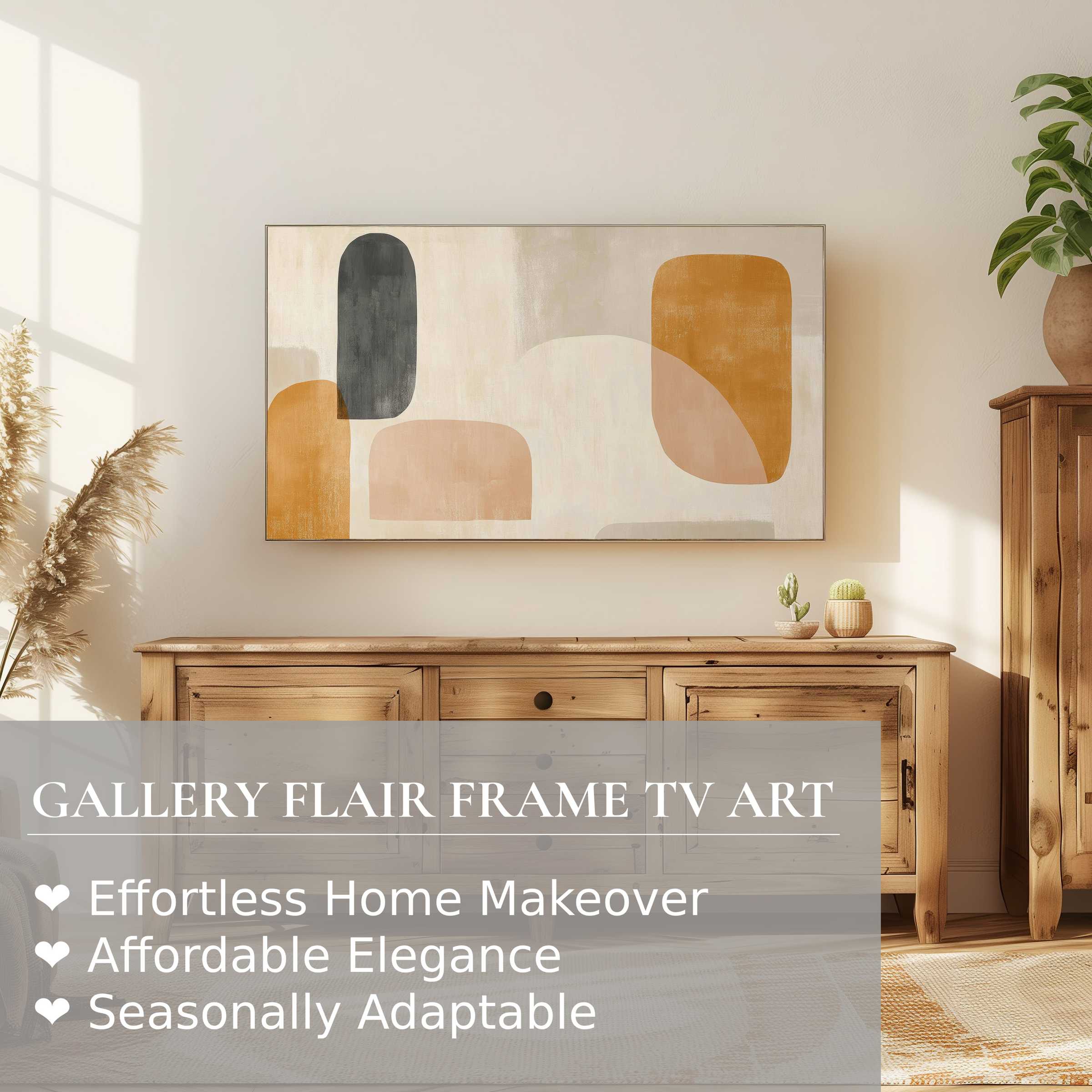Samsung Frame TV showcasing abstract digital artwork with warm earthy tones in a chic, modern living space