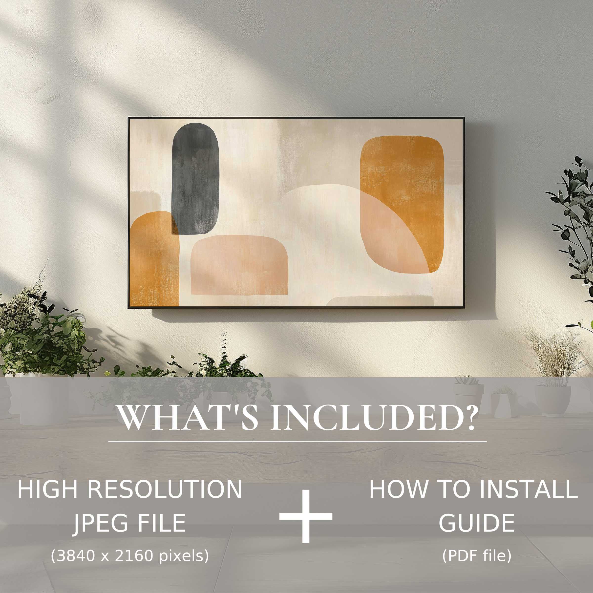 Elegant living room enhanced by abstract digital TV art download, easy to use for chic, modern decor