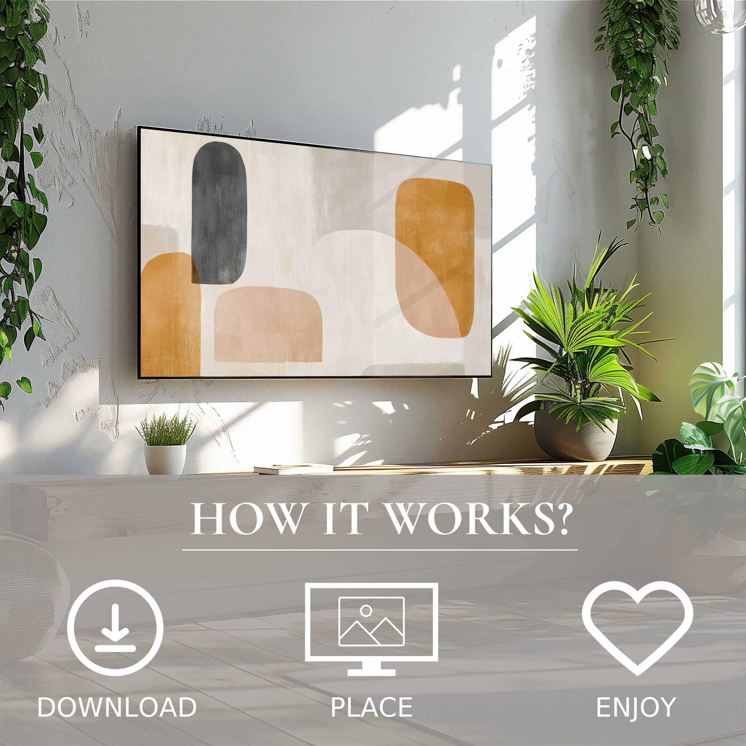 Abstract art for Samsung TV in bright living room with earthy shapes; easy digital download enhances modern decor effortlessly