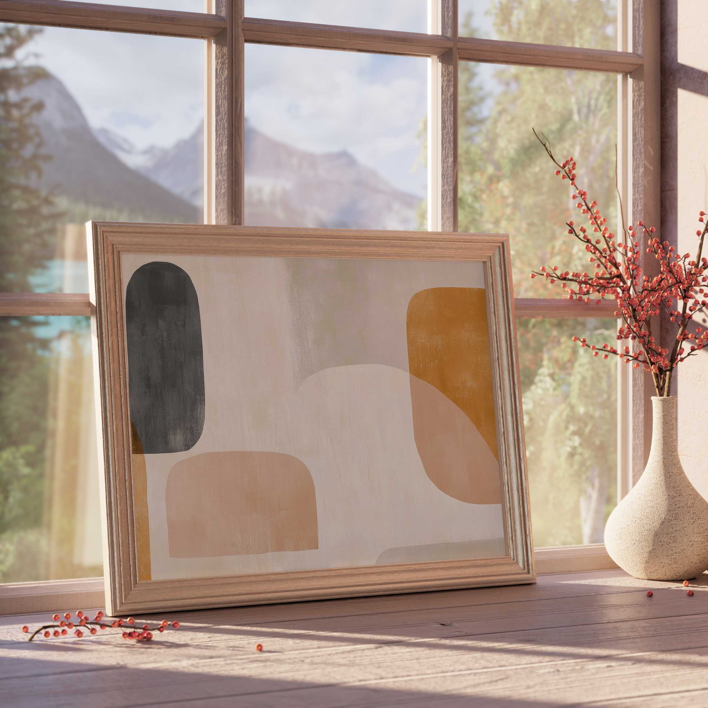 Warm-toned abstract downloadable art with soft organic shapes enriches serene, curated interiors with timeless modern elegance