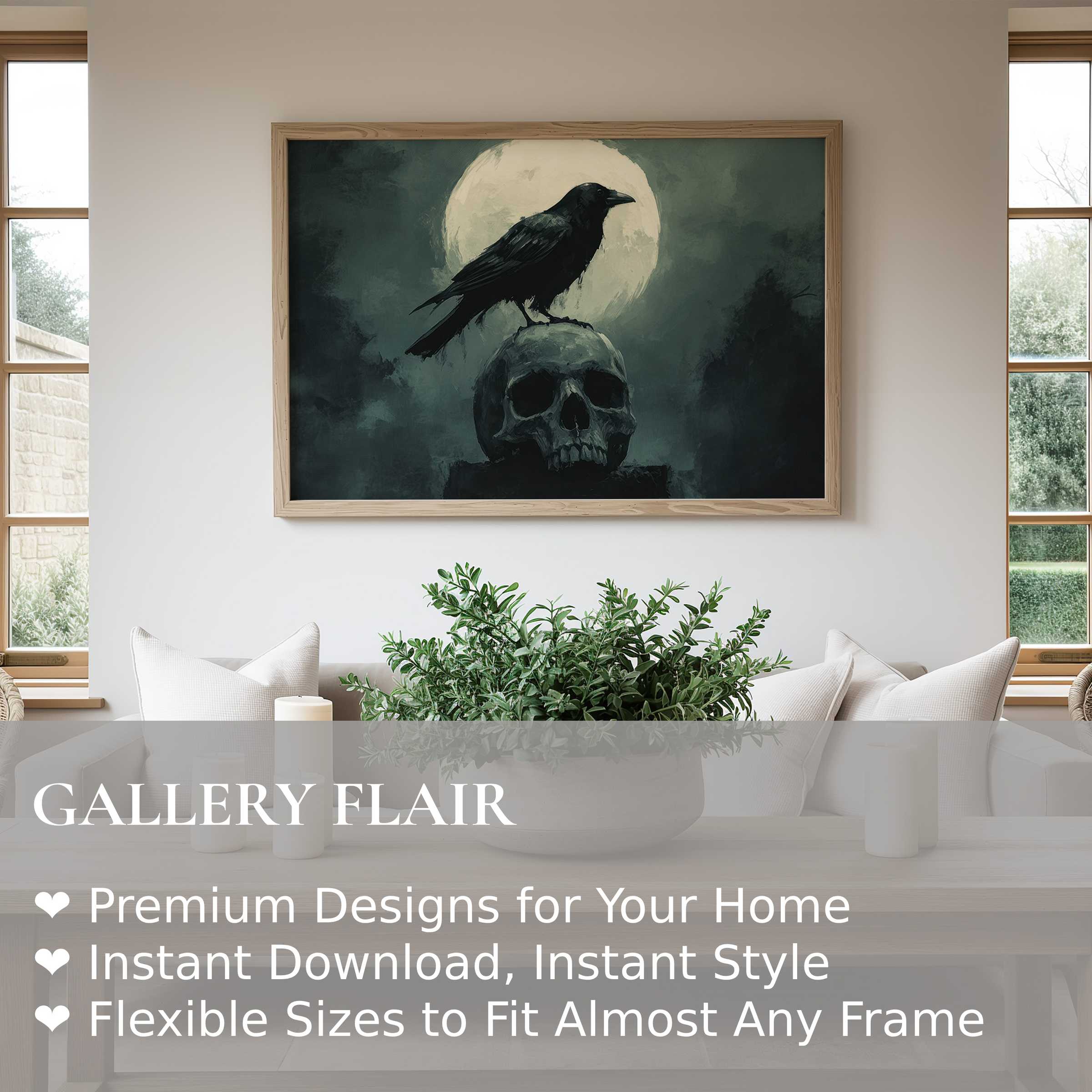 Halloween wall art print featuring a bold raven atop a skull against a glowing full moon, evoking mysterious gothic elegance in a modern rustic interior