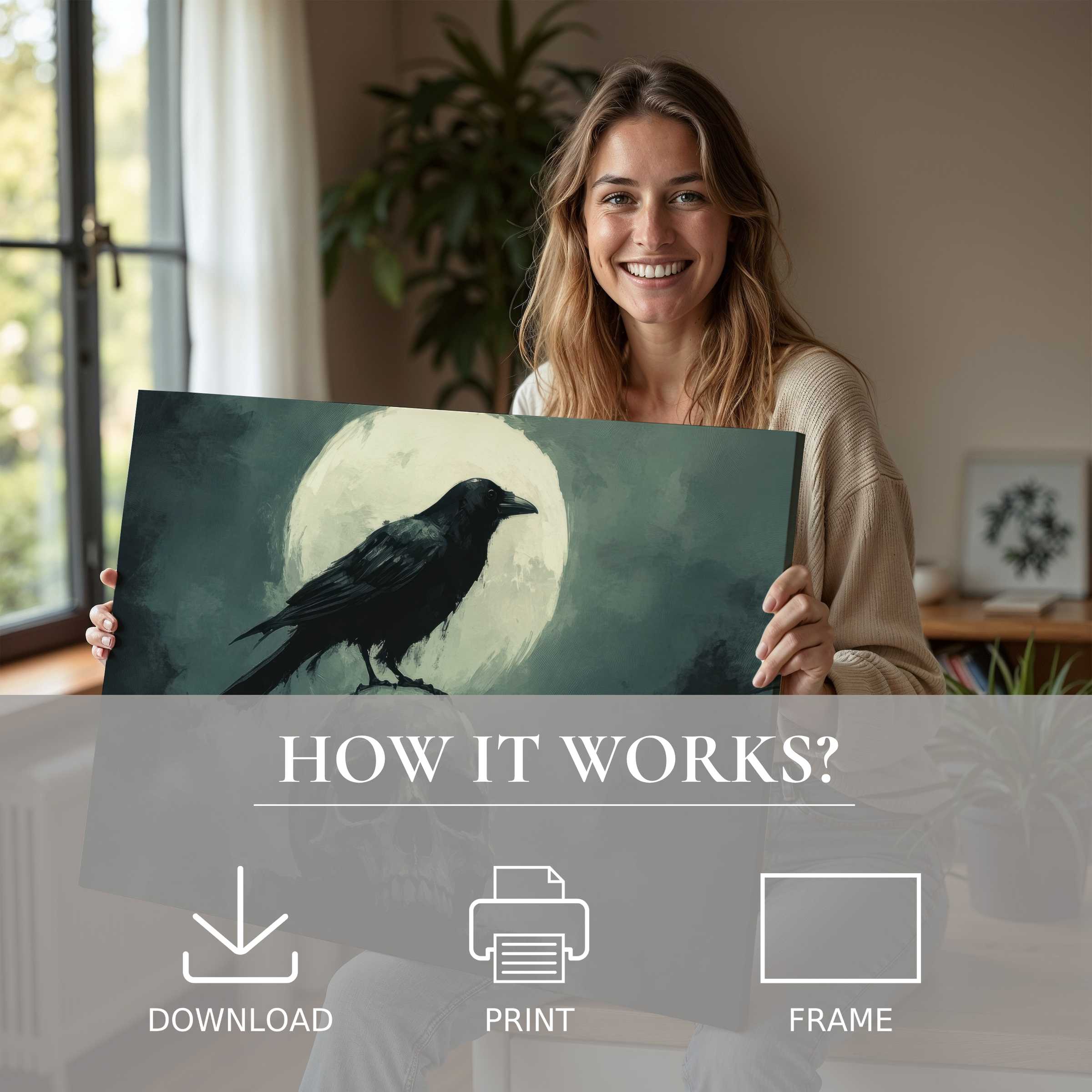 Joyful moment unveiling a Halloween digital art print, where serene tones and moonlit raven evoke refined seasonal elegance