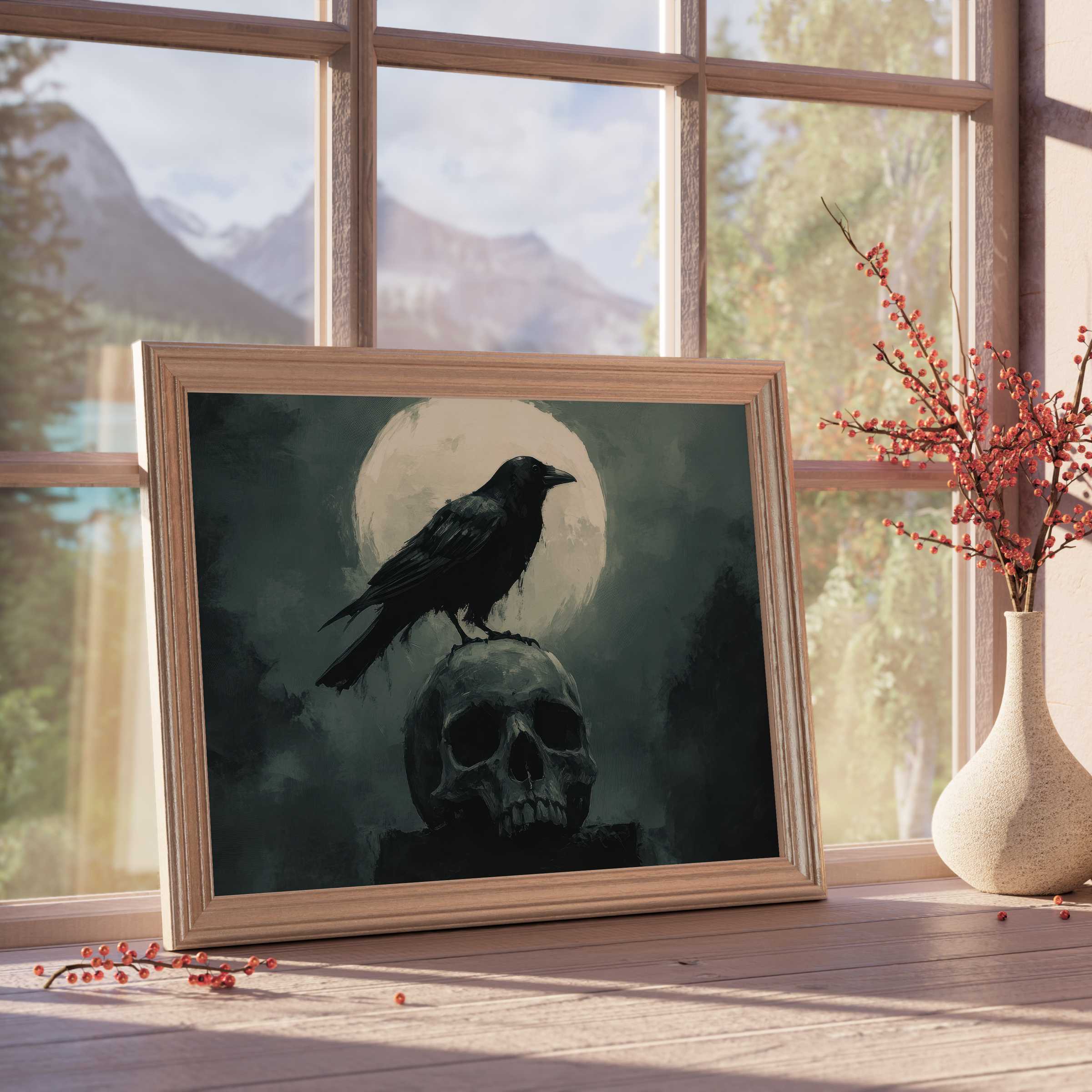 Halloween downloadable art featuring a raven atop a skull, framed by a full moon-perfect for curated, moody interiors