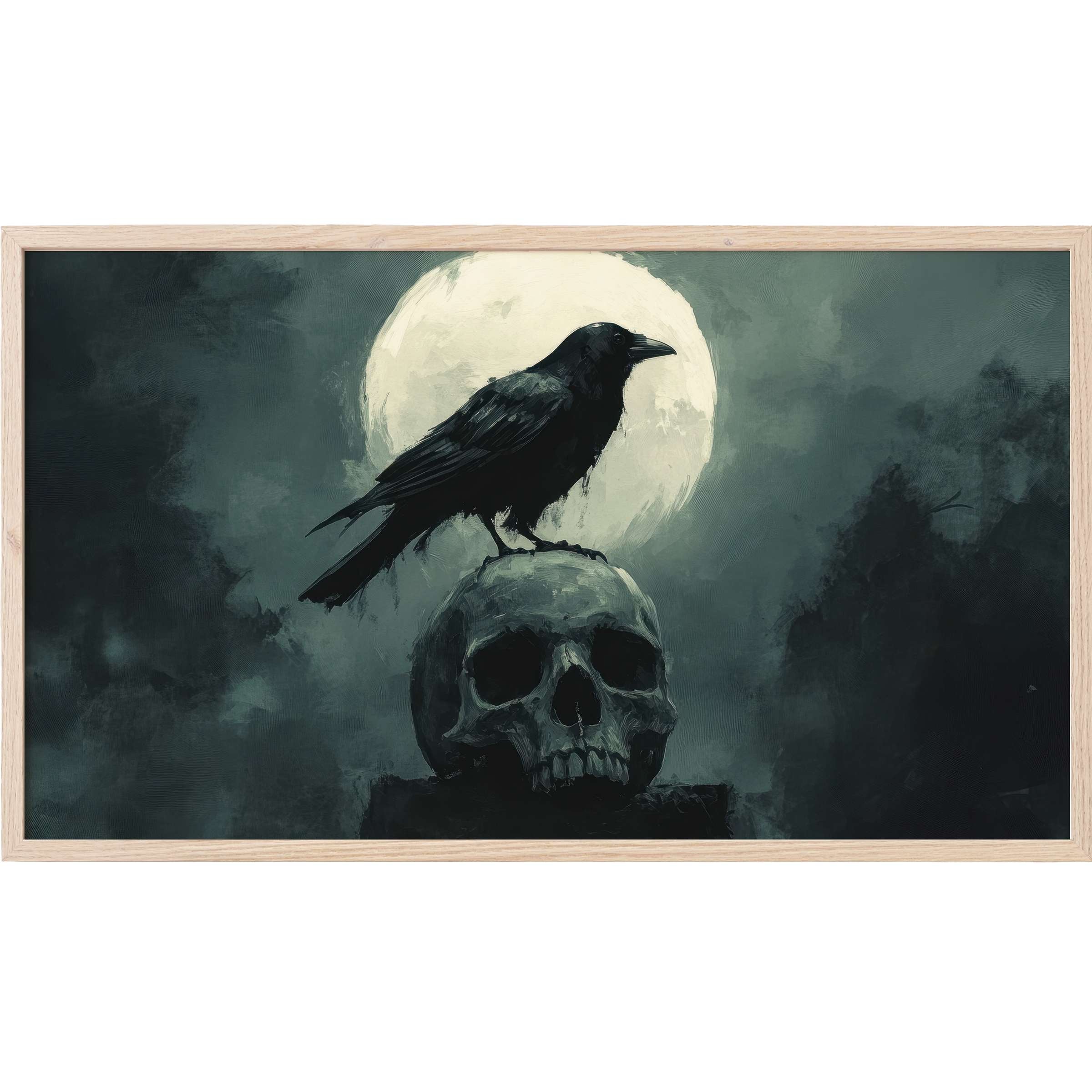 Moody raven perched on skull against glowing moon in muted dark tones, perfect halloween Frame TV Art for modern interiors