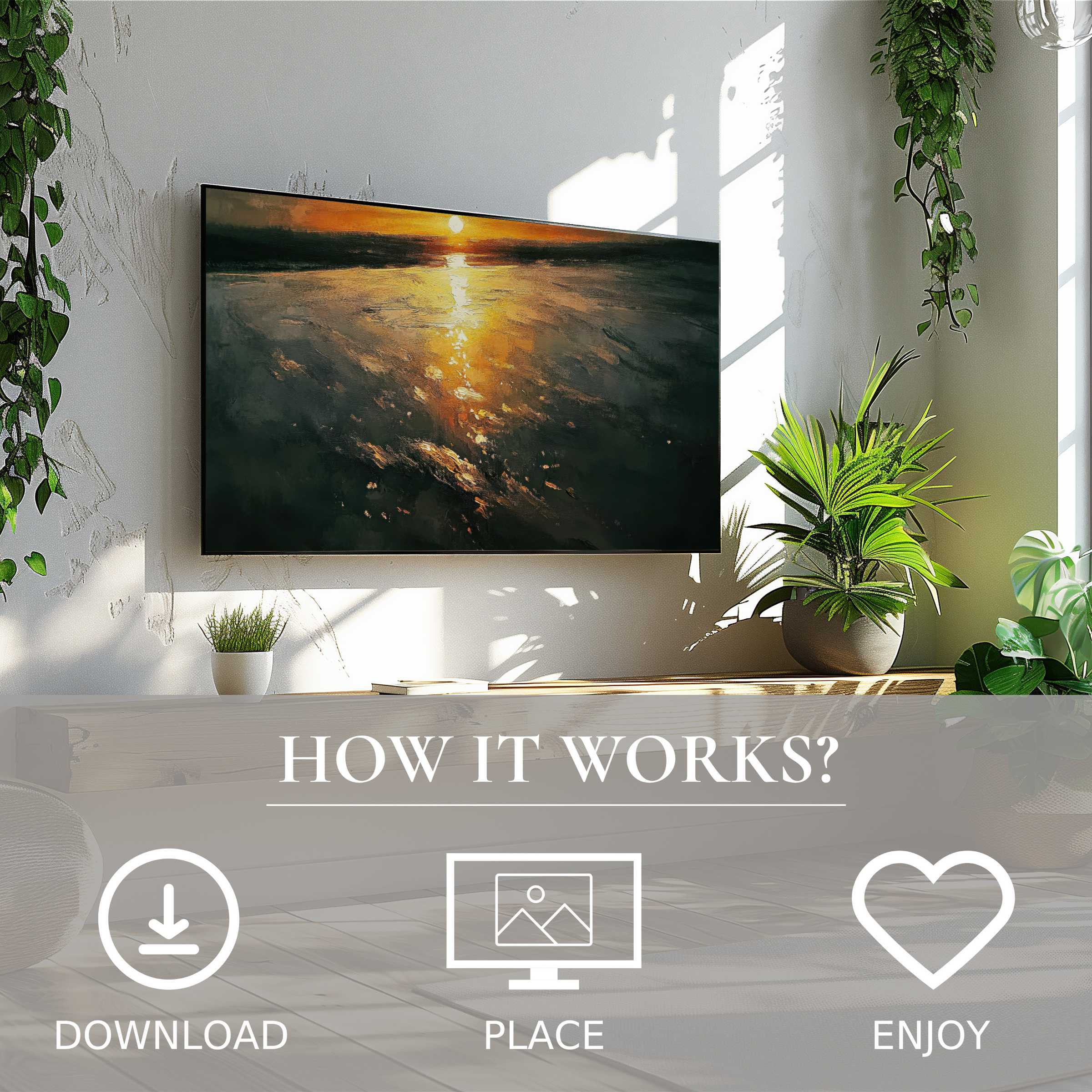 Modern living room with easy digital download beach art for Samsung TV showing warm sunset tones enriching space