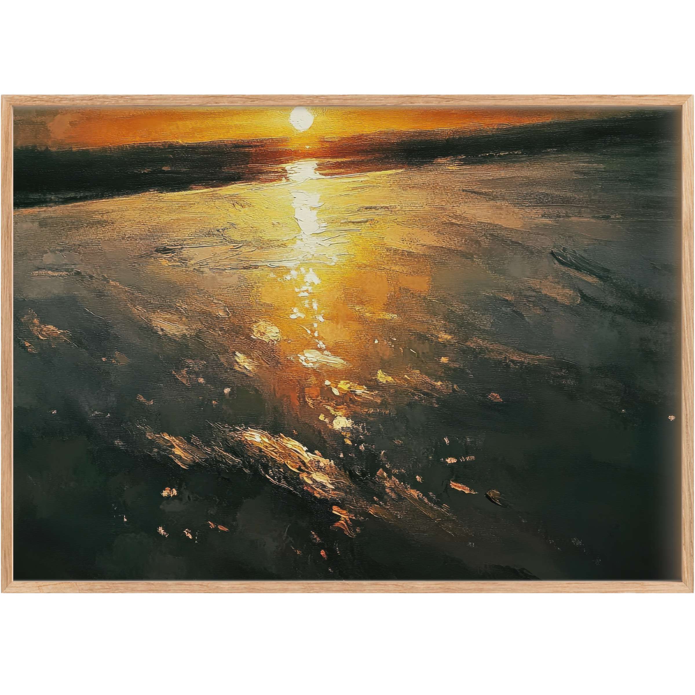 Golden sunlight ripples across a tranquil shore, evoking warmth and serenity with radiant amber hues-beach printable wall art