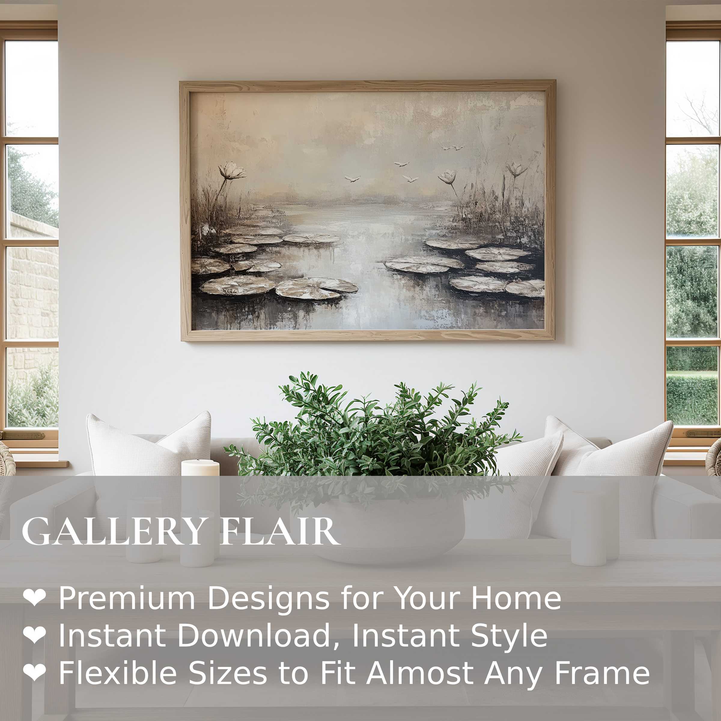 Botanical wall art print with serene lily pads in neutral tones enhances modern minimalist living spaces with calming, natural elegance