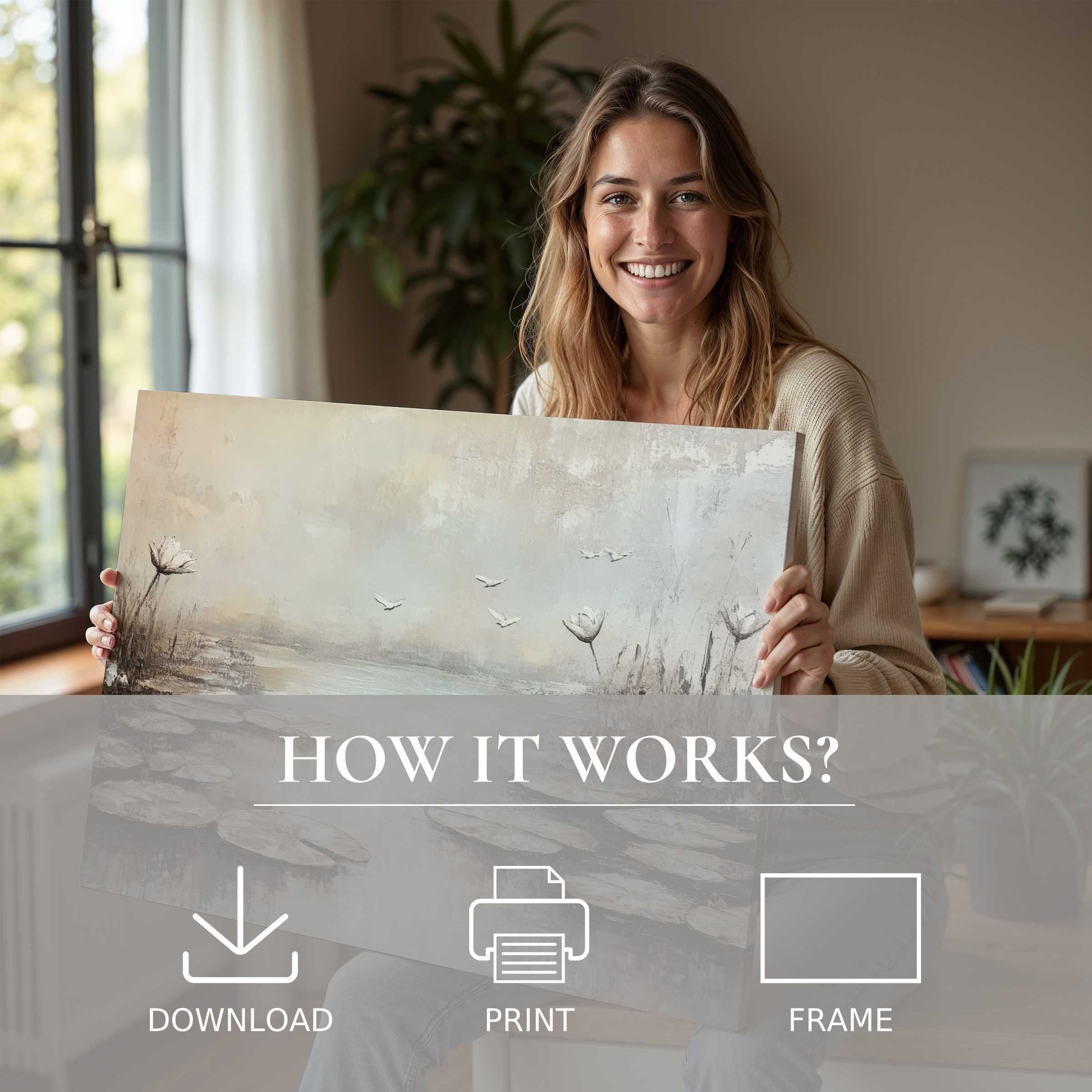Elegant moment of connection as botanical digital art print brings serene harmony and effortless beauty to stylish living spaces