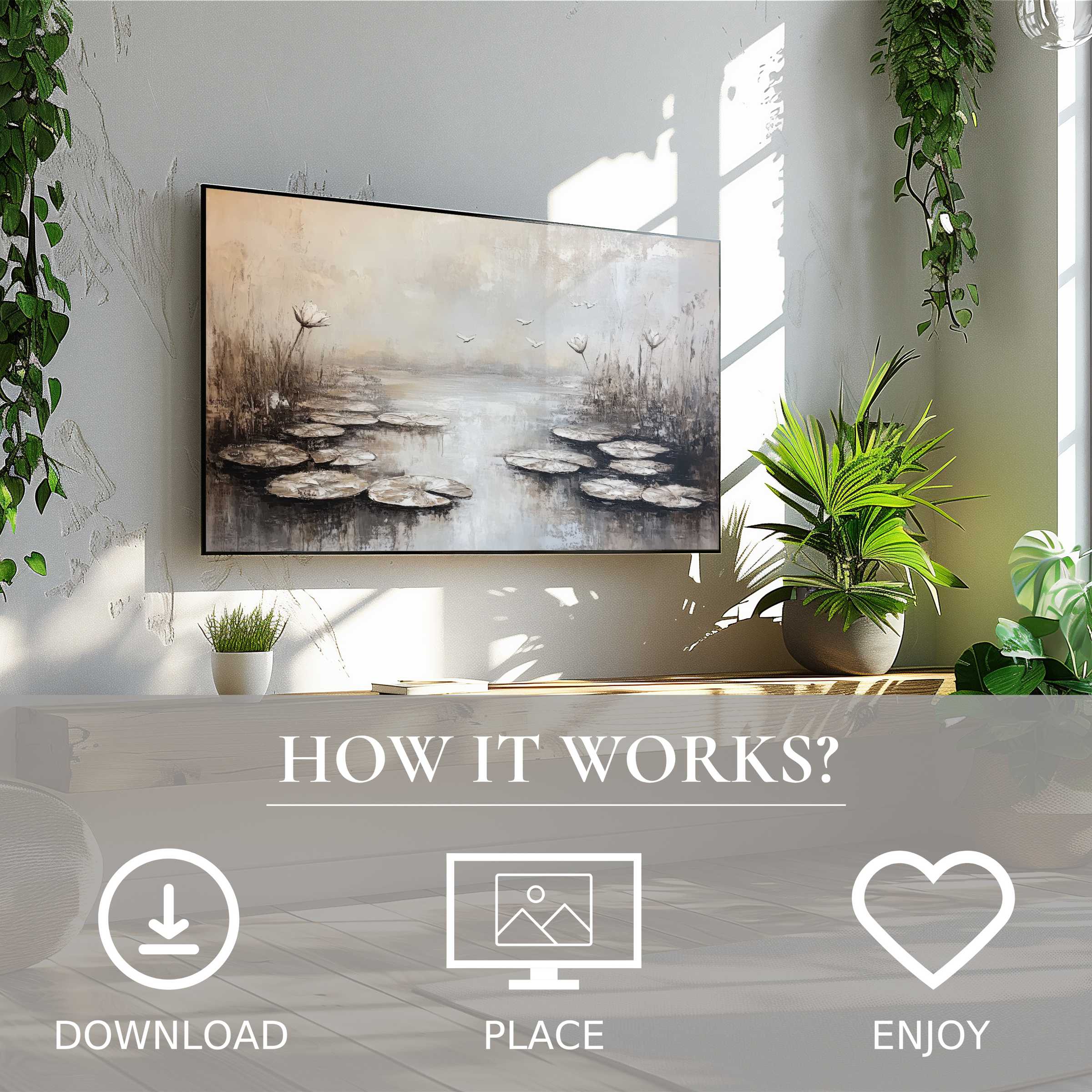 Modern living room with botanical art for Samsung TV, showing soft misty water lilies, easy digital download