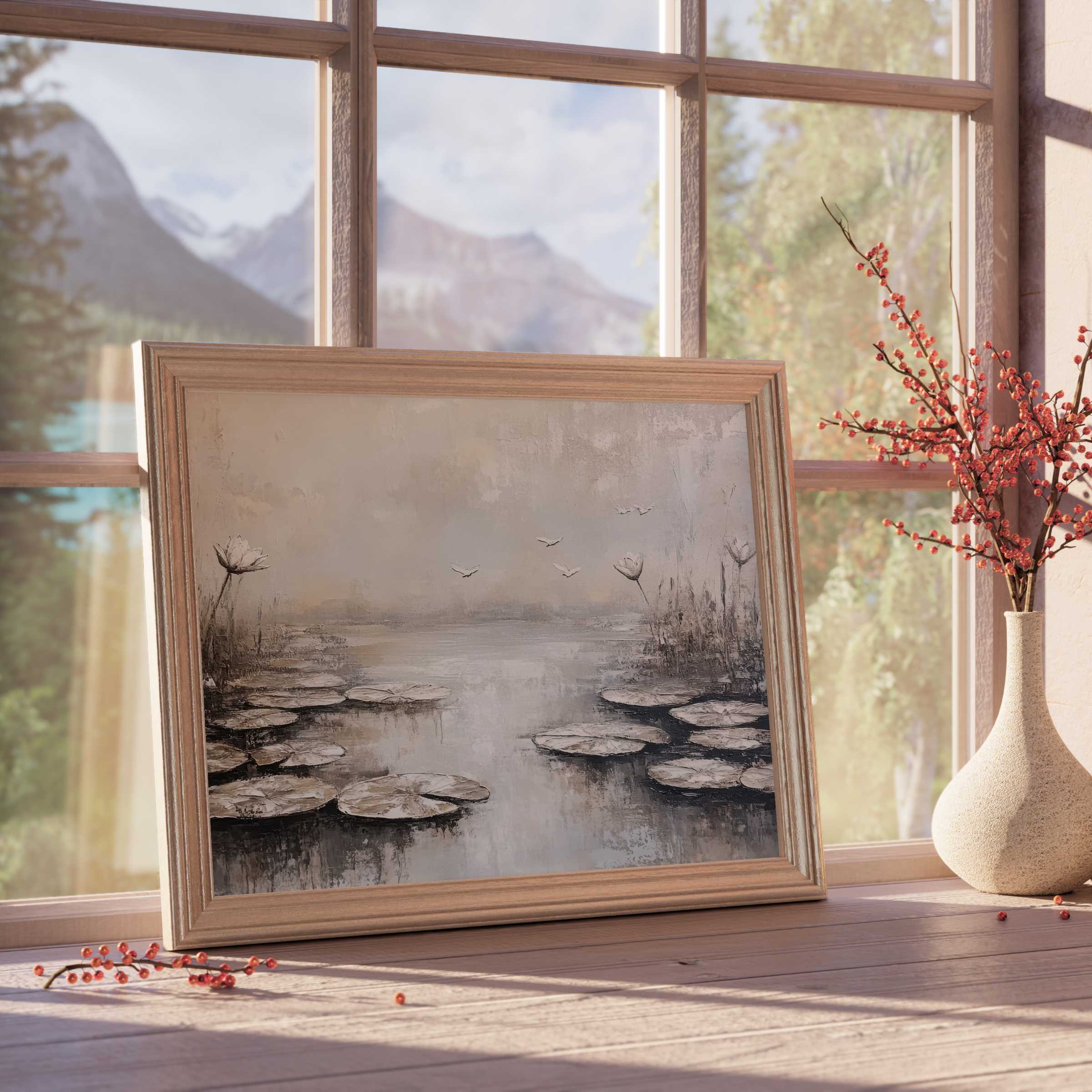Serene botanical downloadable art featuring textured water lilies in muted tones, perfect for curated, tranquil modern interiors