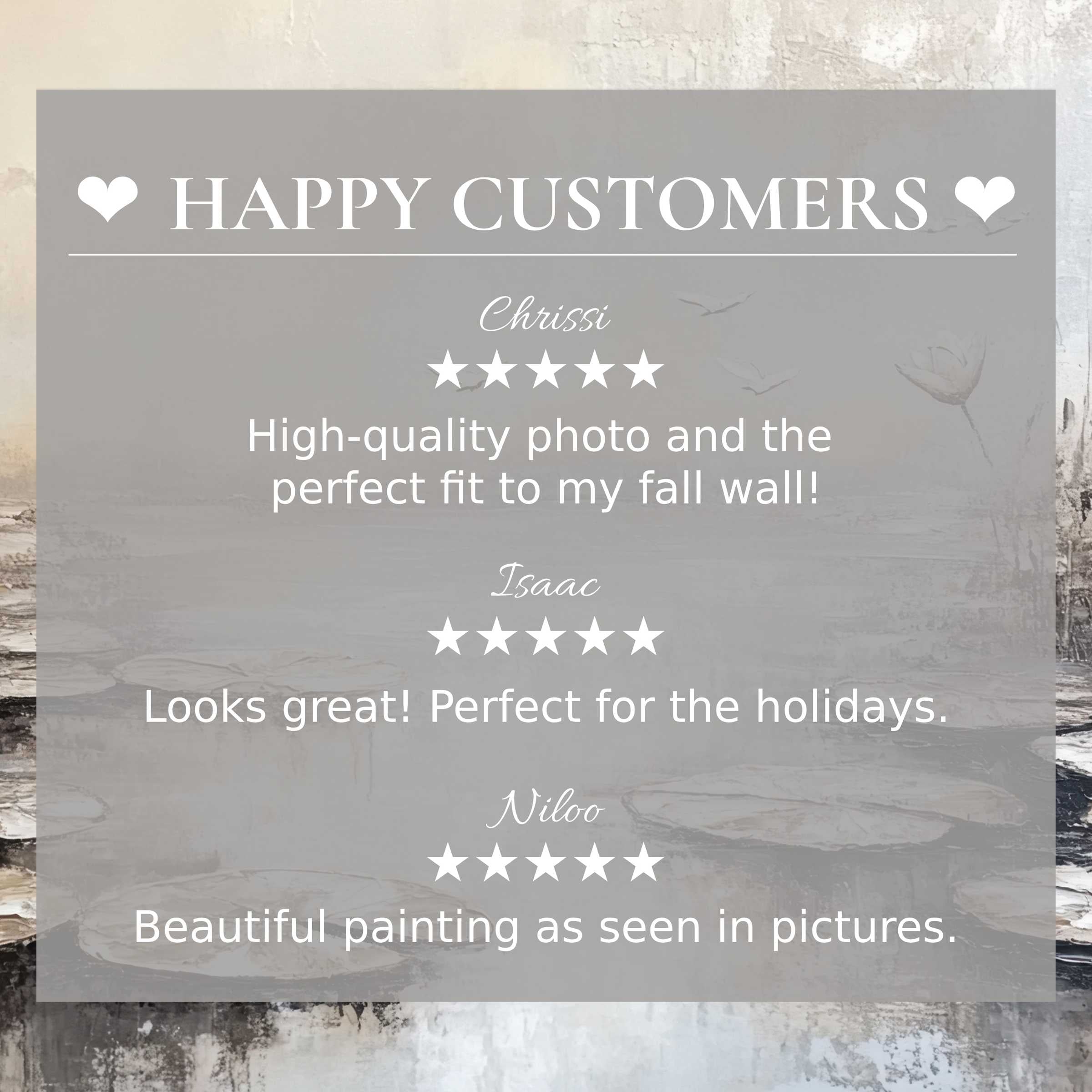 Happy customer reviews highlight elegant botanical art for Frame TV against serene abstract sunset tones