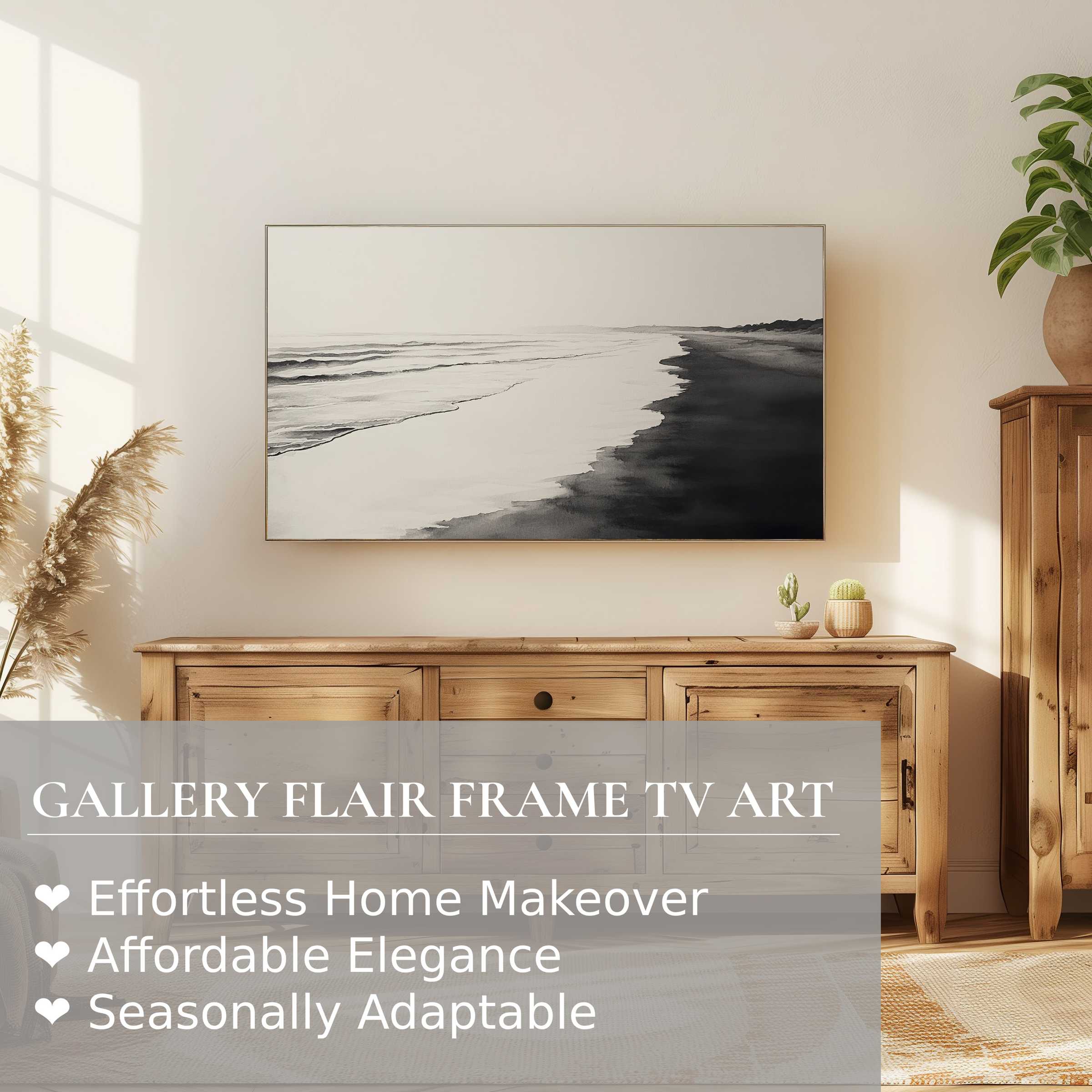Elegant Samsung Frame TV displays black and white digital artwork of a serene coastal scene in a modern, warm living space