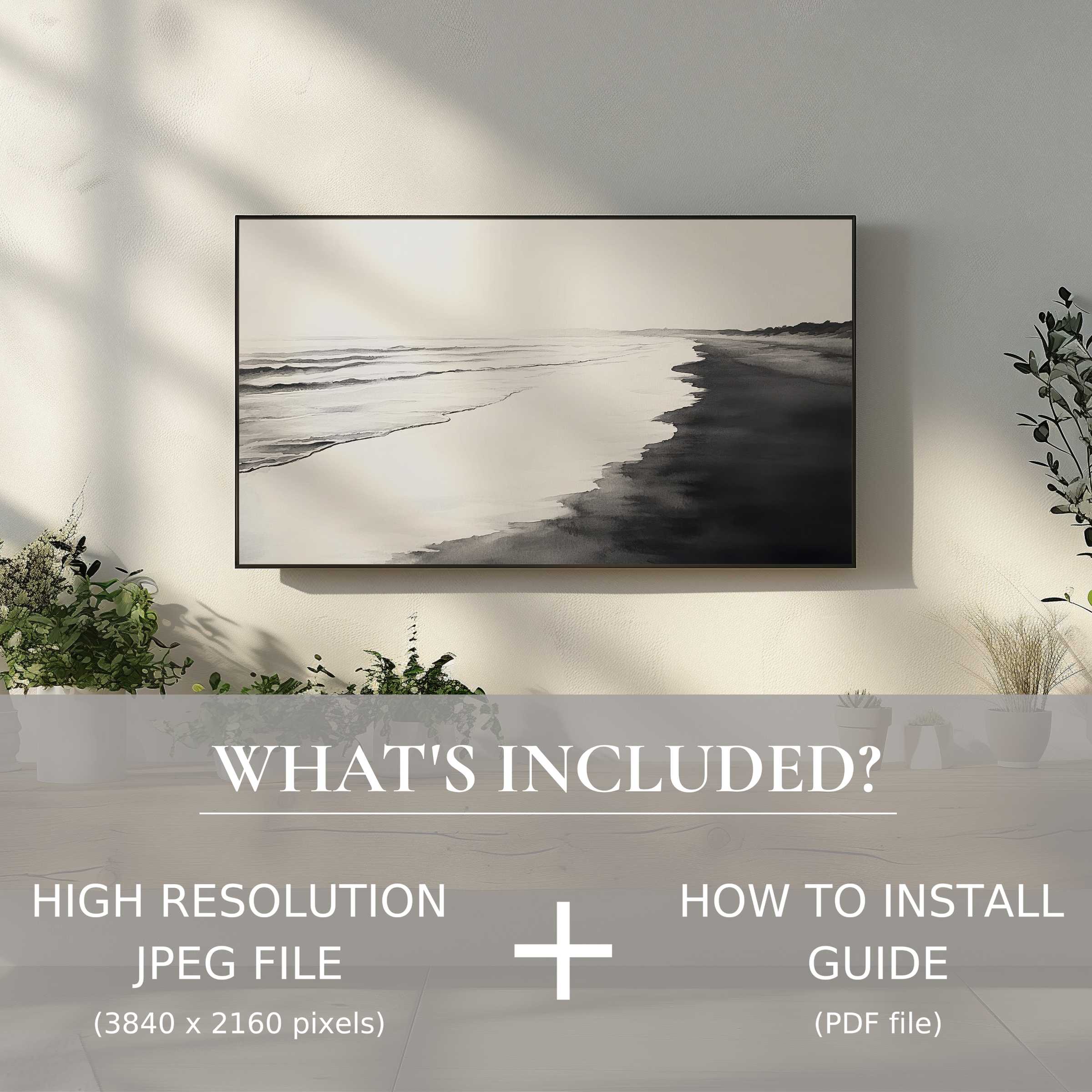 Elegant black and white digital TV art download, enhancing living spaces with effortless digital use and modern style