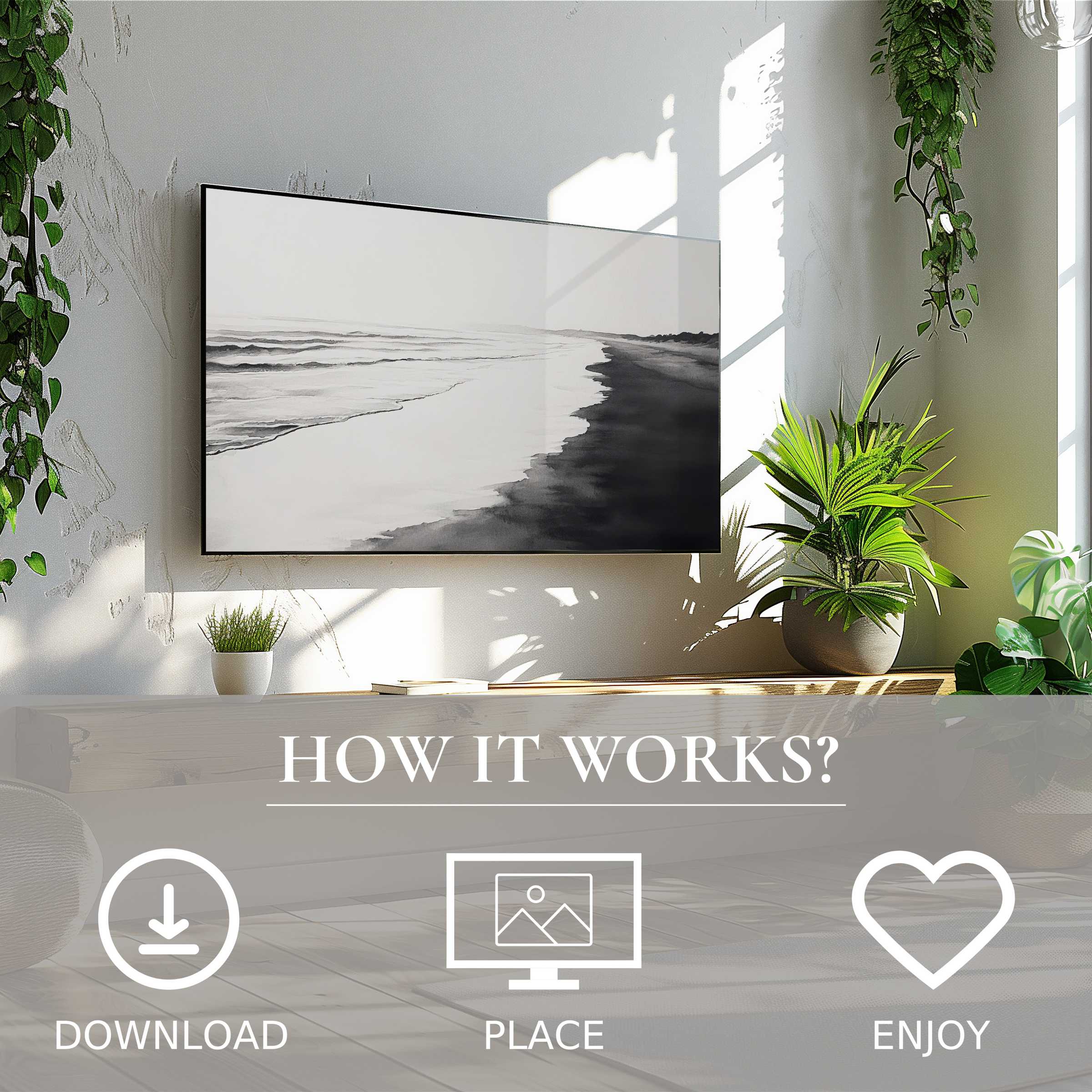 Black and white art for Samsung TV with serene coastal flow, digital download enhances modern living spaces easily