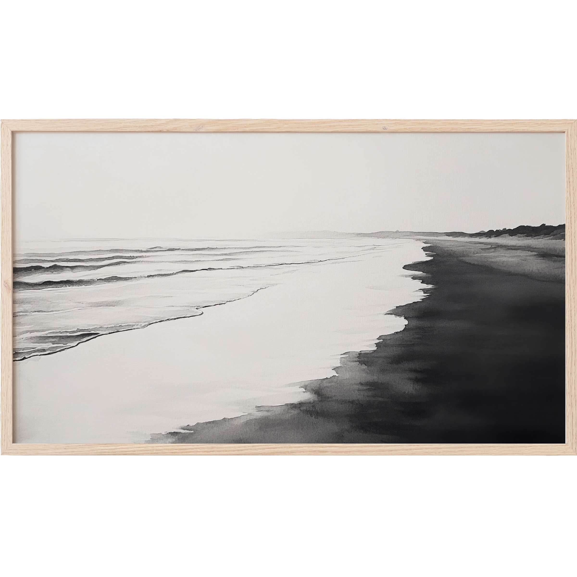 Elegant black and white Frame TV Art depicting a serene shoreline with soft waves and minimalist contrast