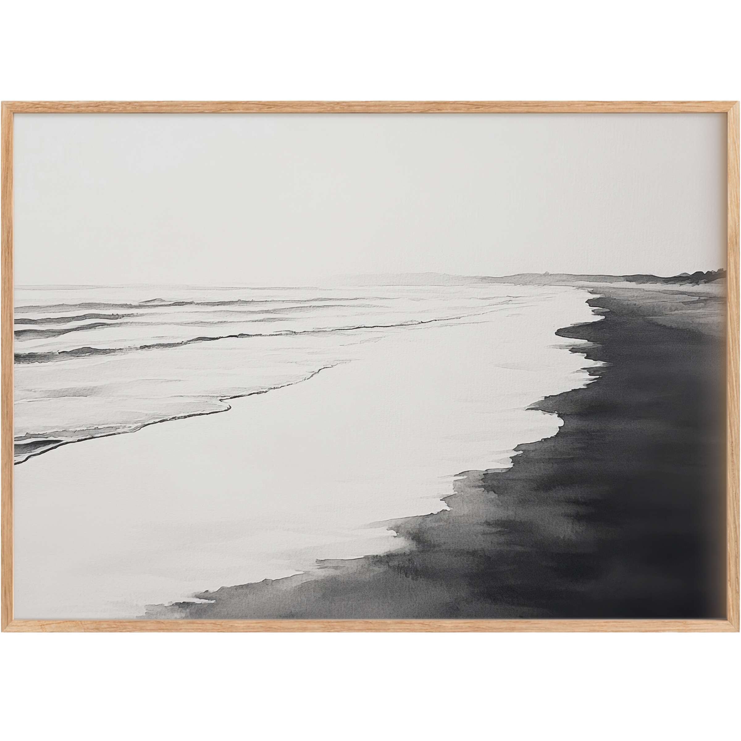 Serene black and white printable wall art capturing a tranquil shoreline, evoking calm and sophisticated coastal elegance