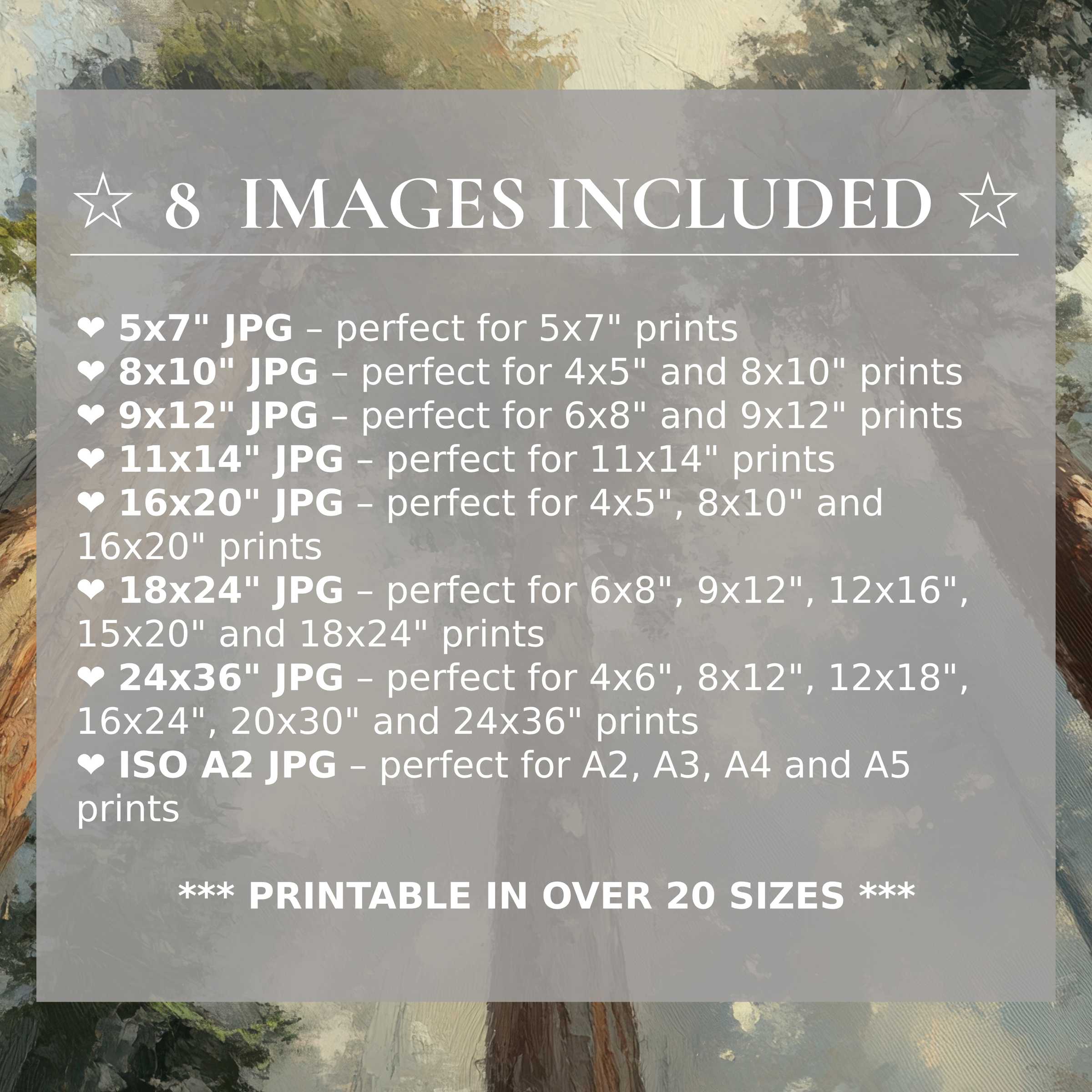 Print size guide showing 8 included JPG formats for versatile wall art printing – perfect for framing in popular sizes from 5x7 to 24x36 and A2
