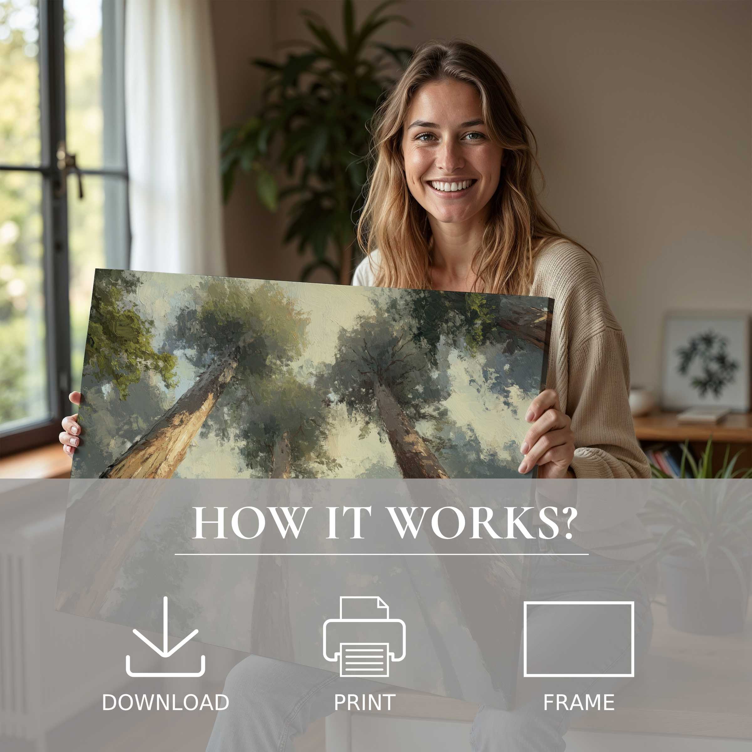 A joyful moment in a sunlit modern home, where a refined tree digital art print transforms the space with serene, uplifting beauty