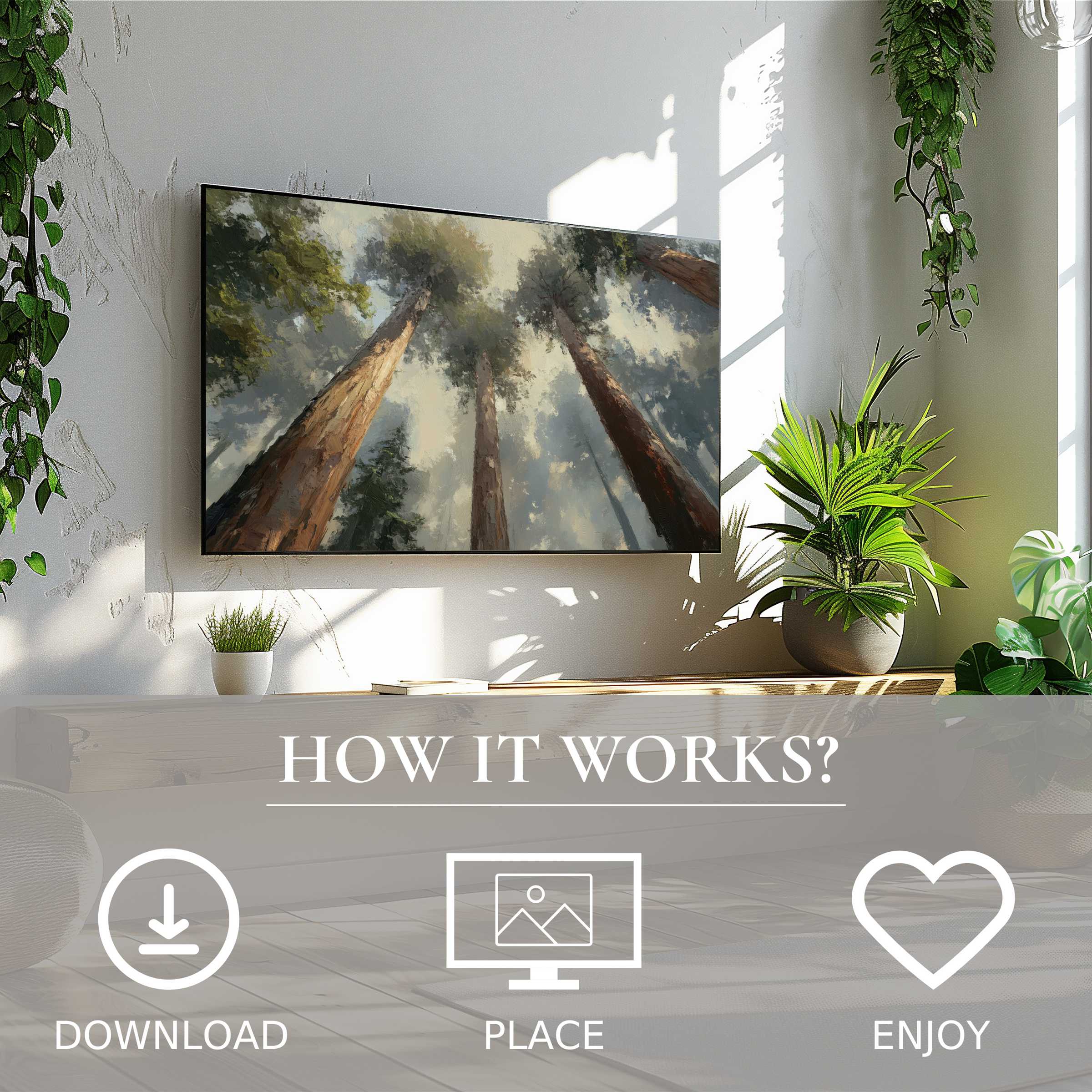 Tree art for Samsung TV shows soft, misty tree tops; easy digital download enriches modern living spaces with nature's calm