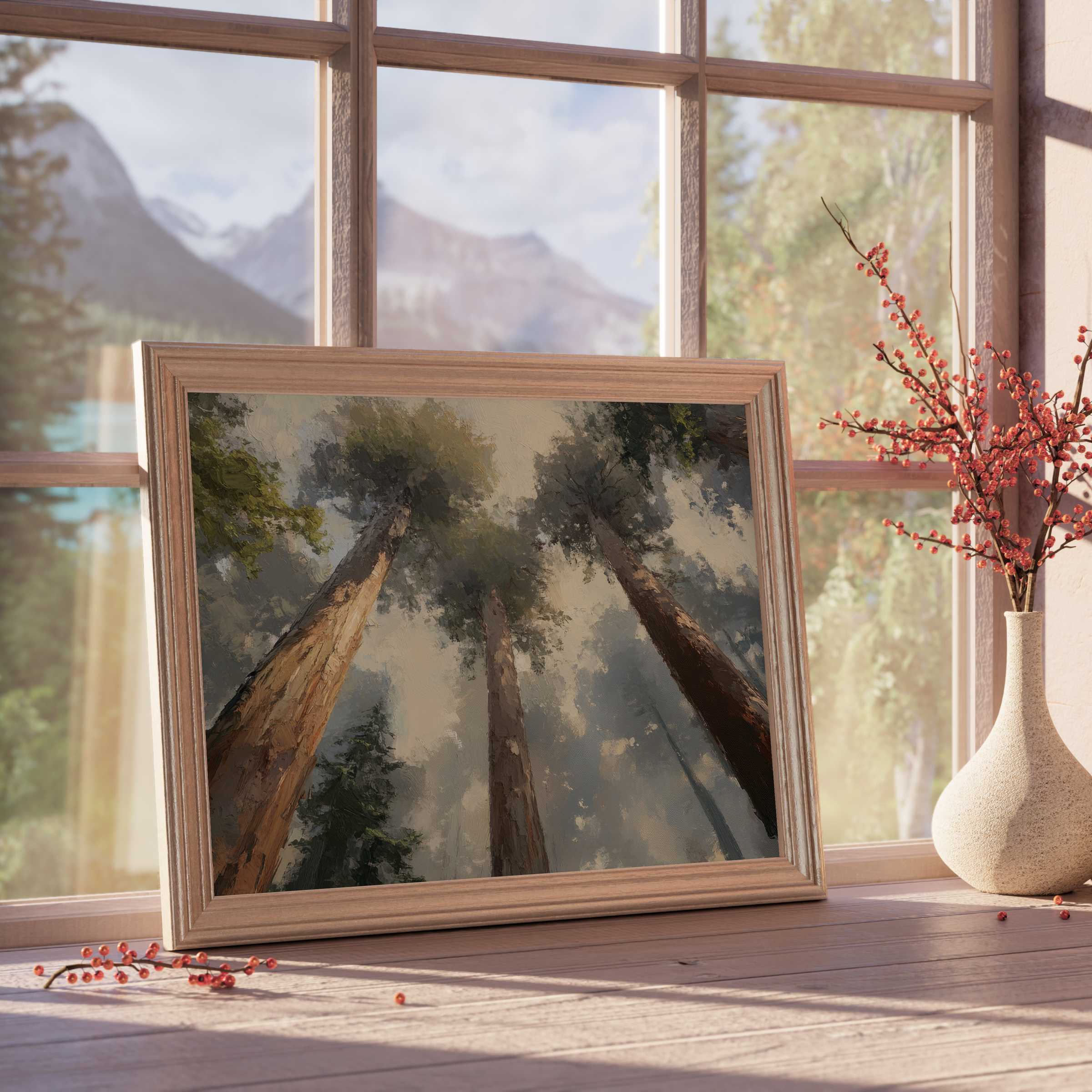 Majestic tree downloadable art capturing serene forest heights, perfect for elevating tranquil, nature-inspired premium interiors