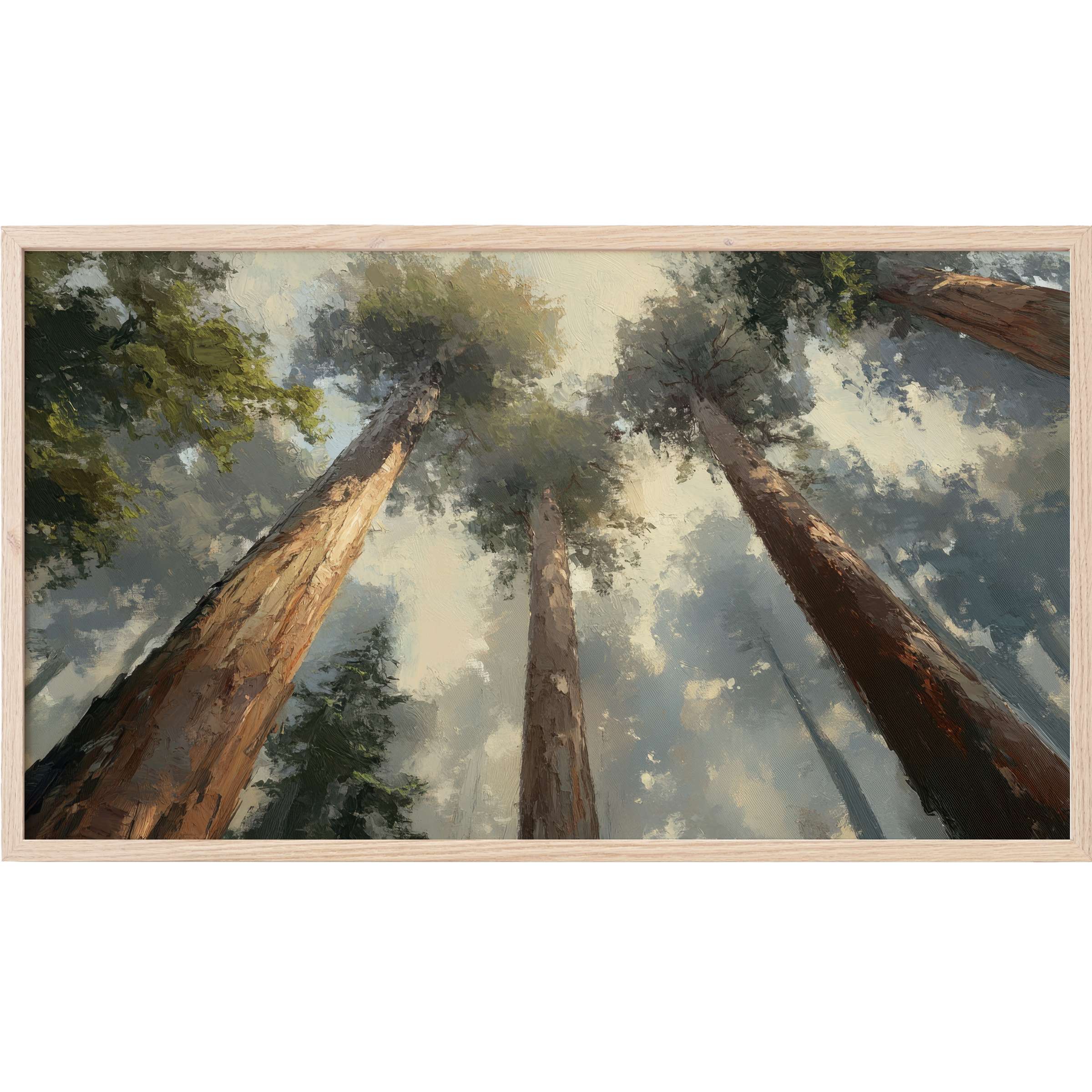Majestic towering trees with textured bark reach skyward in muted greens and browns, a serene tree Frame TV Art