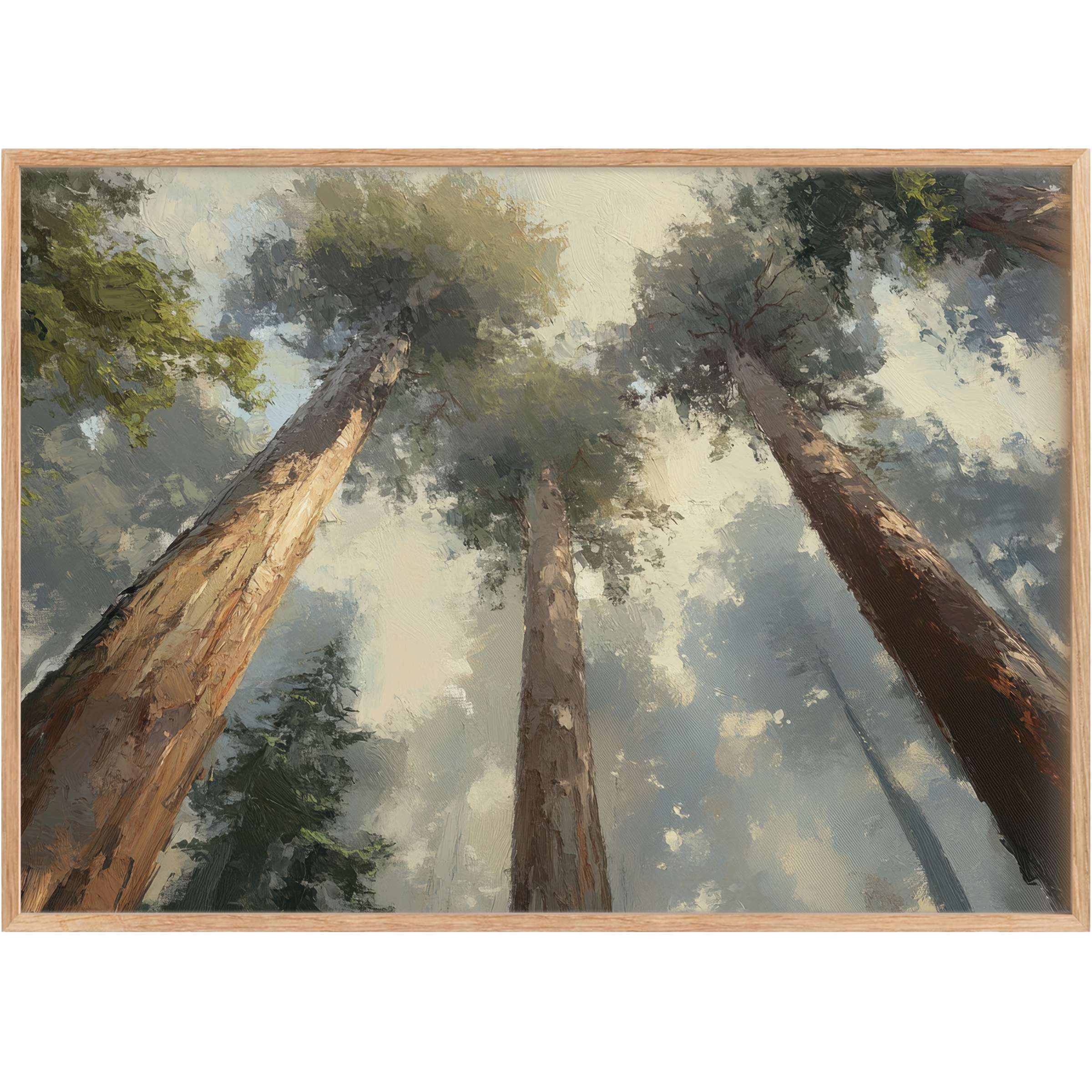 Majestic tree printable wall art infuses serene blues and earthy browns, evoking a tranquil, uplifting forest canopy ambiance