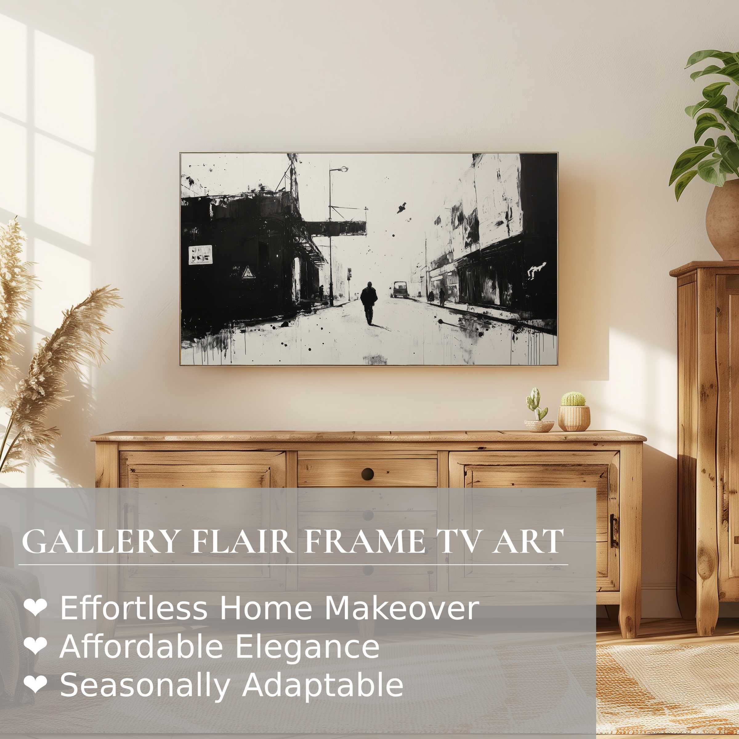 Samsung Frame TV displays monochrome street art digital artwork, blending urban edge with refined home decor