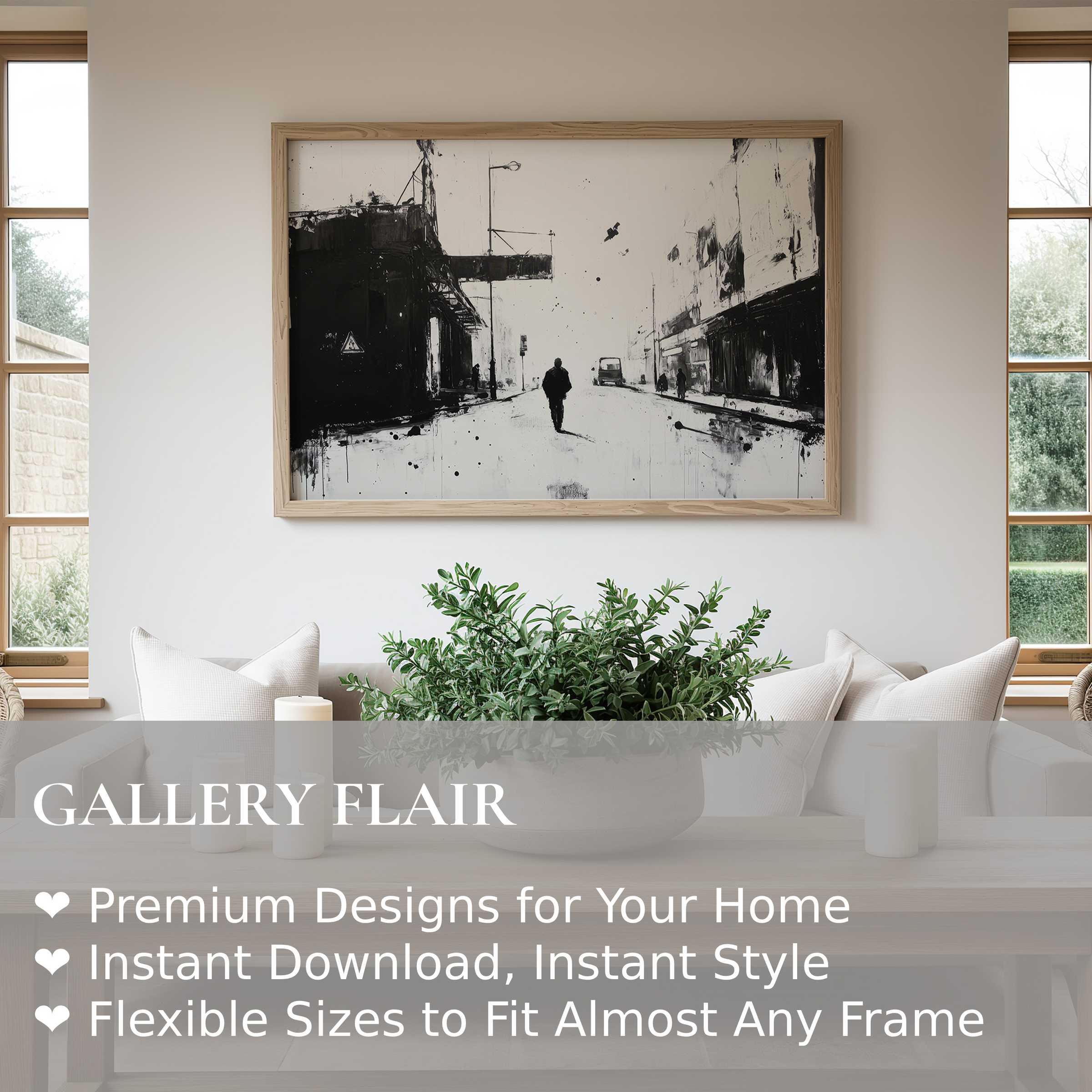 Monochrome street art wall art print capturing solitary urban silhouettes in bold strokes, enhancing minimalist living room elegance and calm
