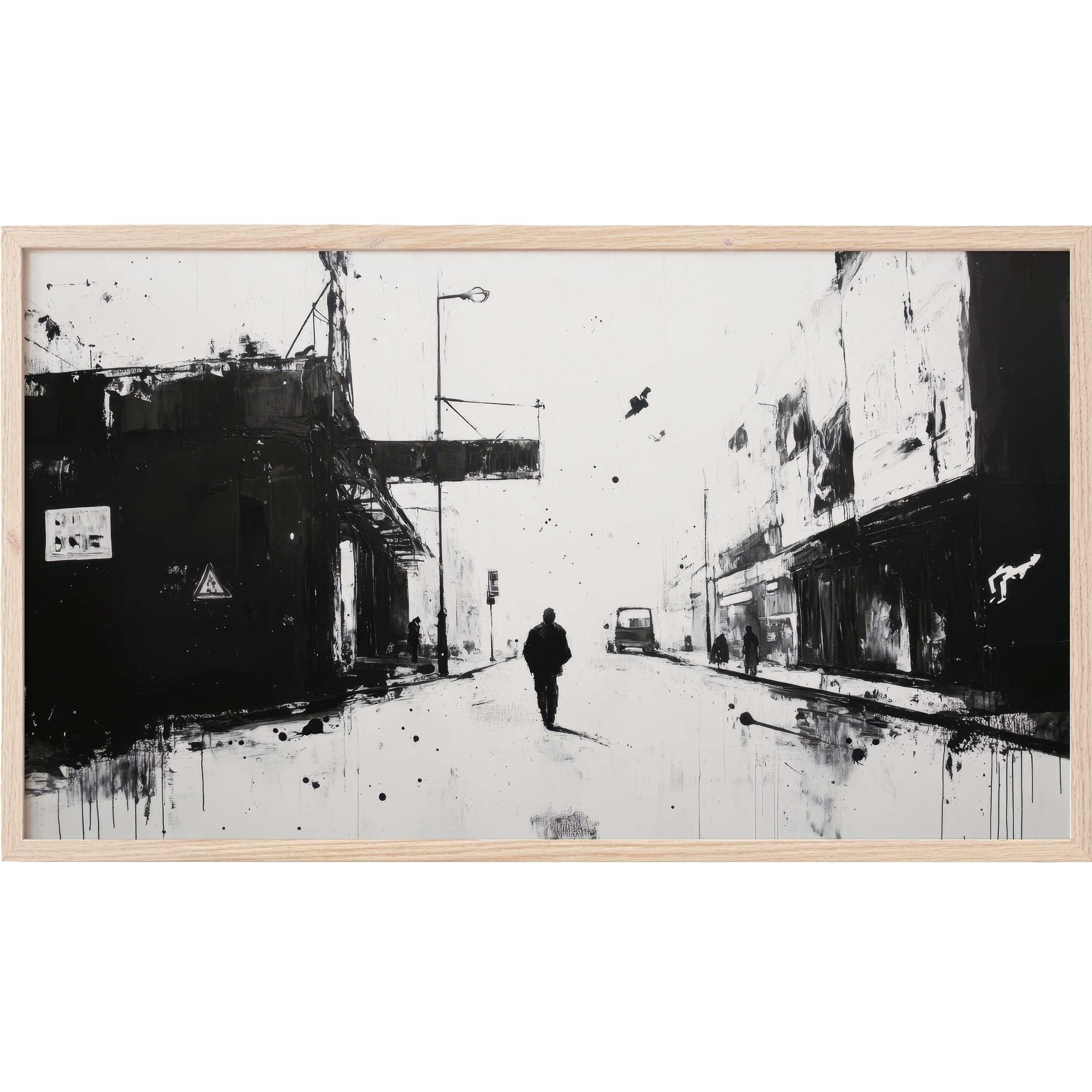 Monochrome urban silhouette with blurred edges and drip accents, evoking modern minimalism street art Frame TV Art