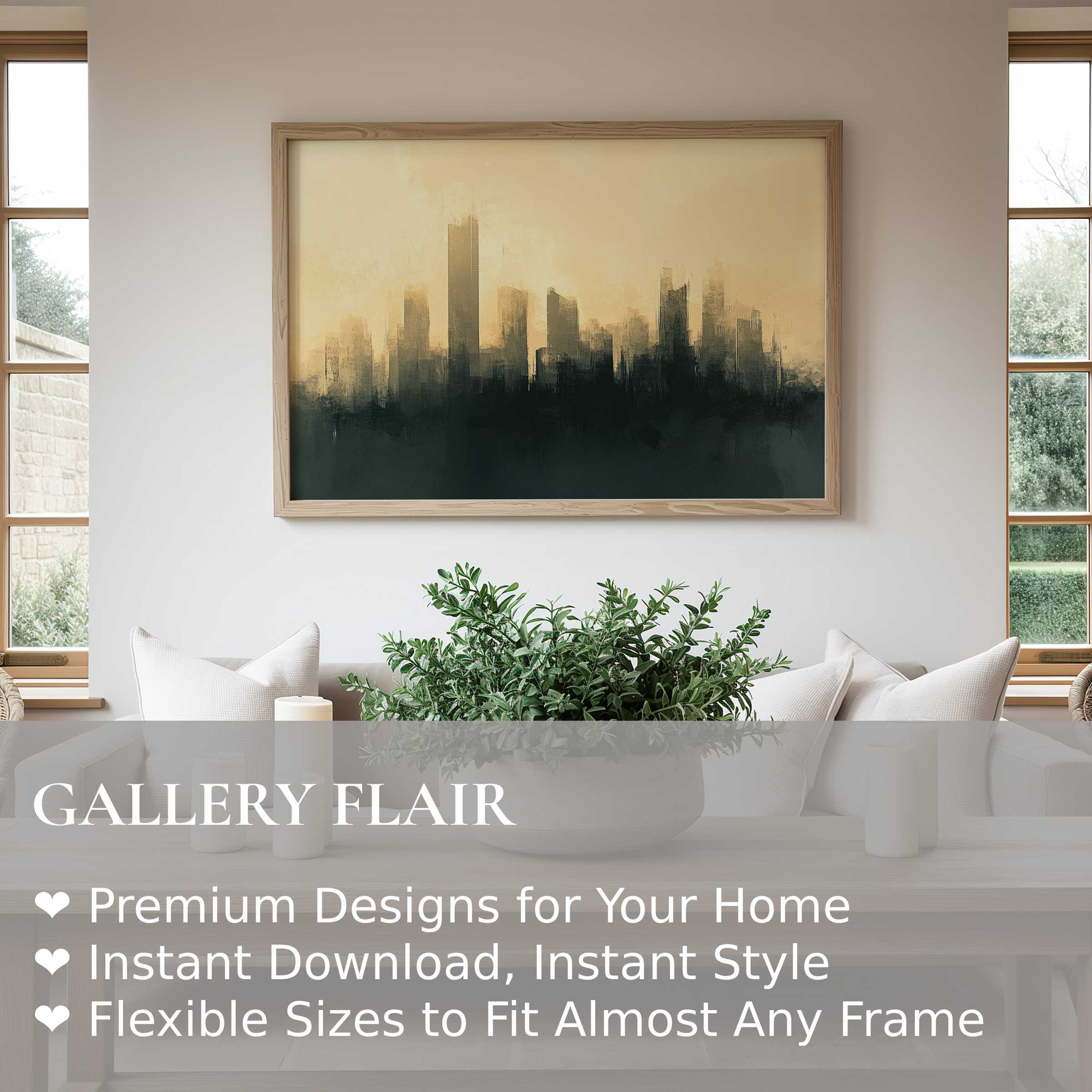 Elegant urban art wall art print featuring a moody city skyline in muted gold and black, enhancing modern minimalist interiors with bold, calming sophistication