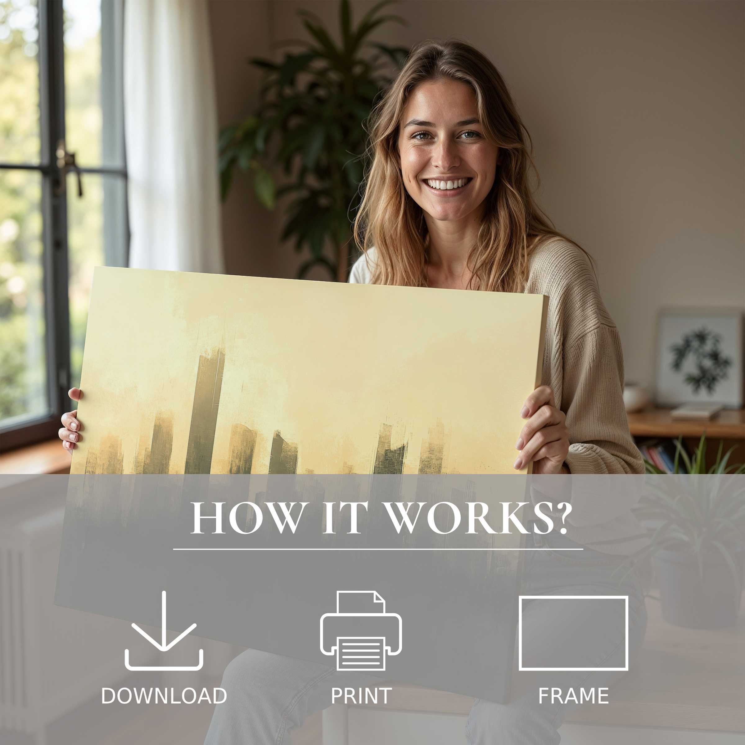 Bright urban digital art print embraced in a serene modern home, celebrating the joy of effortless, stylish living