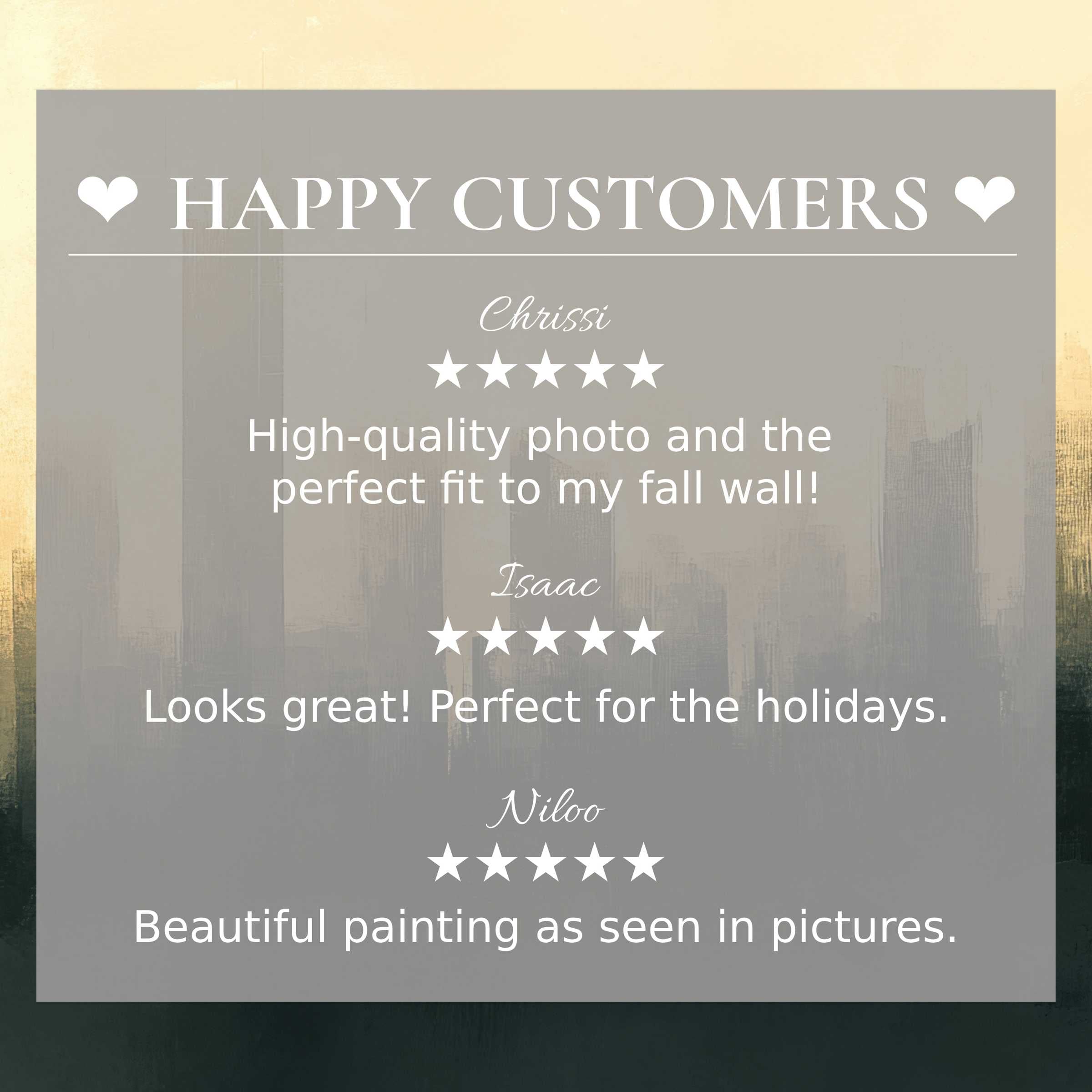 Urban art for Frame TV with abstract cityscape background, showcasing happy customer reviews and elegant product appeal