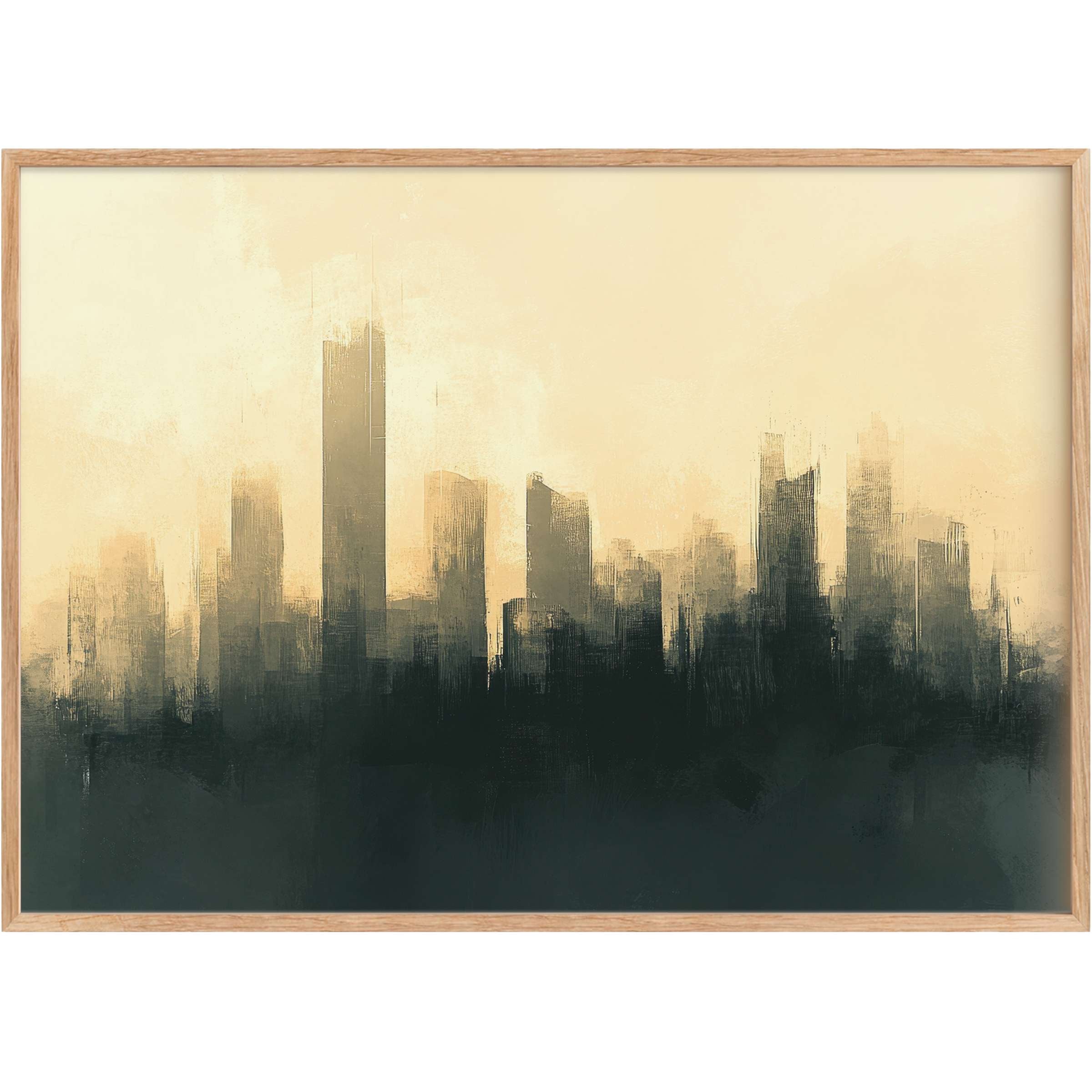 Urban printable wall art with a moody skyline silhouette in deep charcoal and warm beige, evoking serene twilight elegance