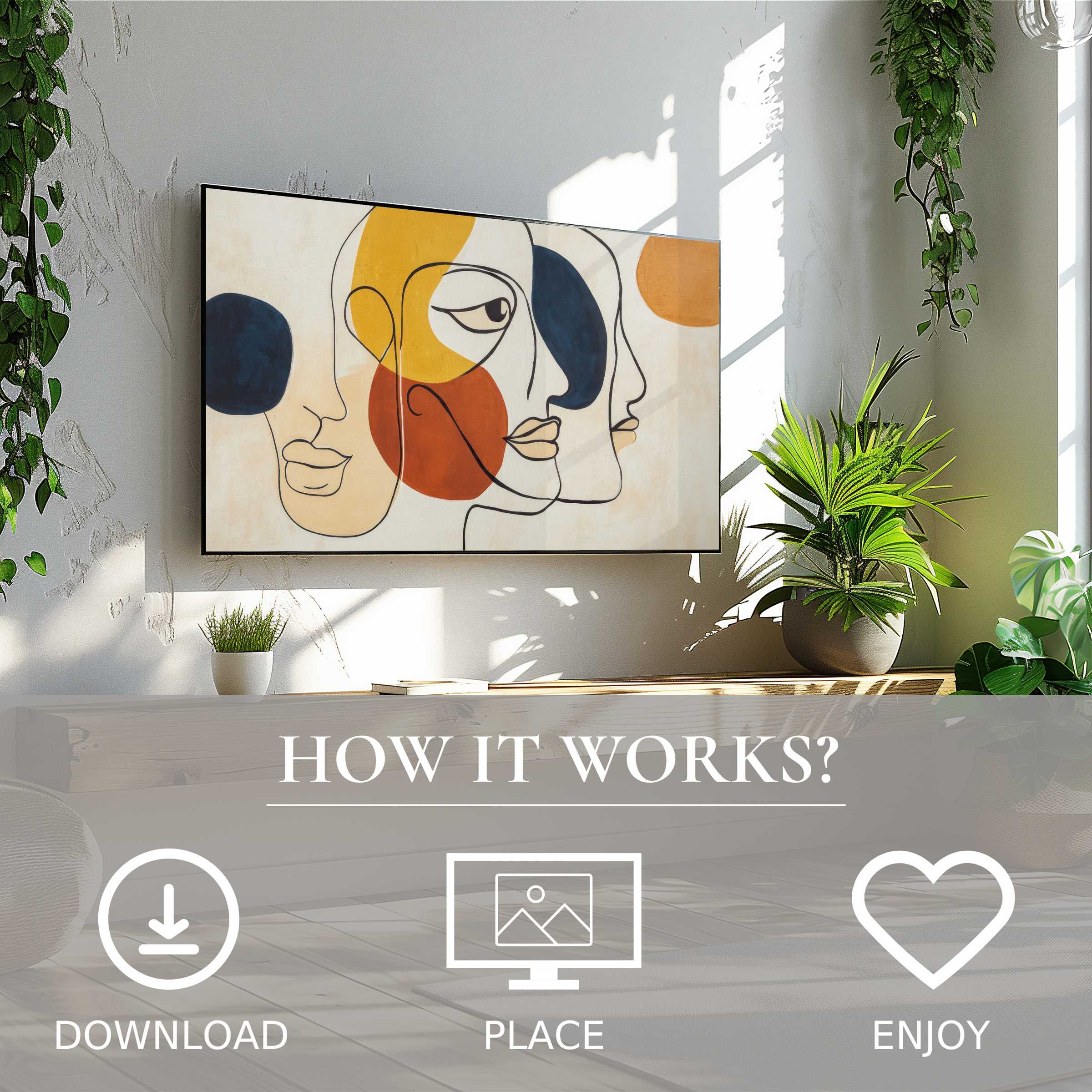 Minimalist art for Samsung TV showing abstract face motifs with warm tones, easy digital download enriches bright living spaces