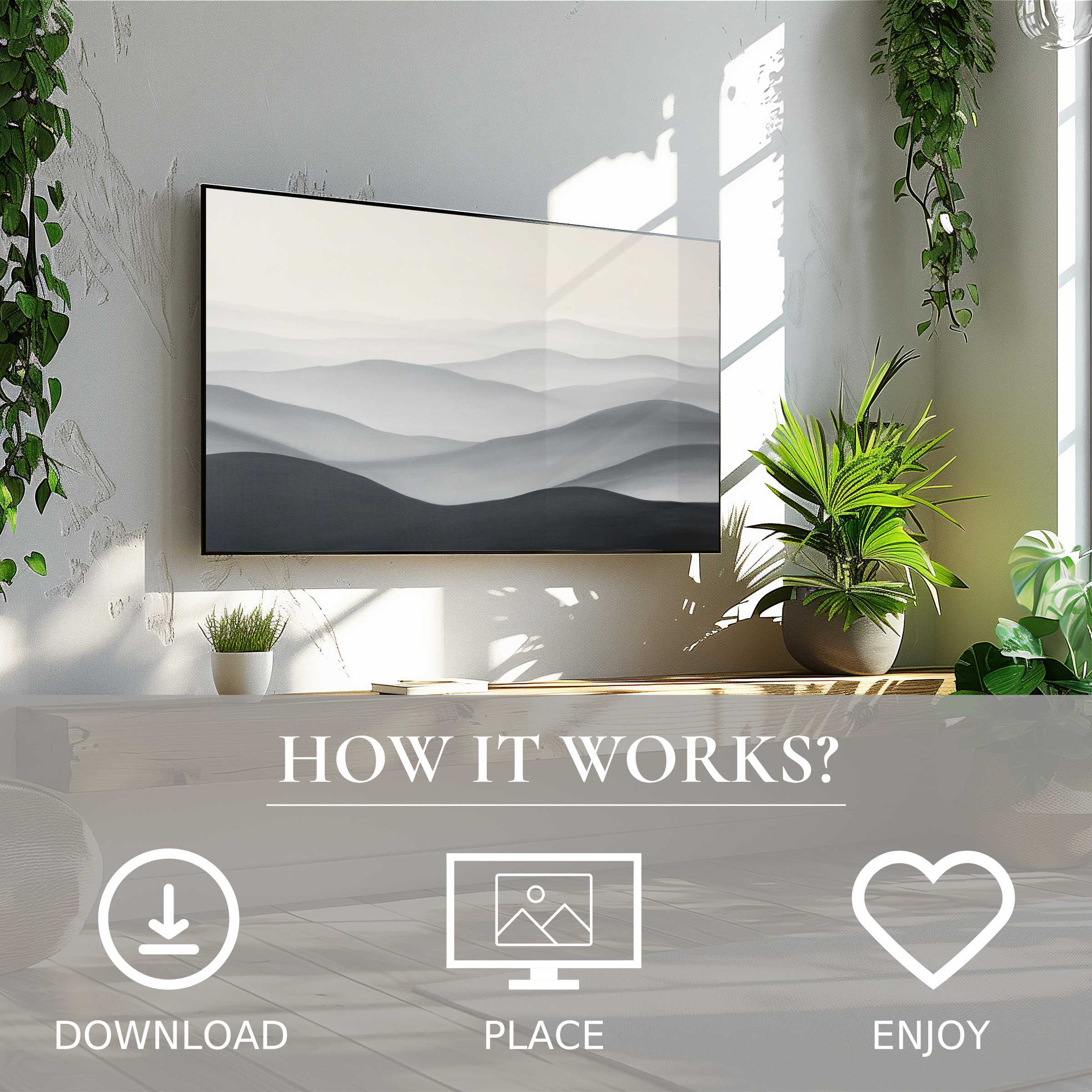 Neutral art for Samsung TV shows soft gray mountain waves; easy digital download enriches modern living spaces