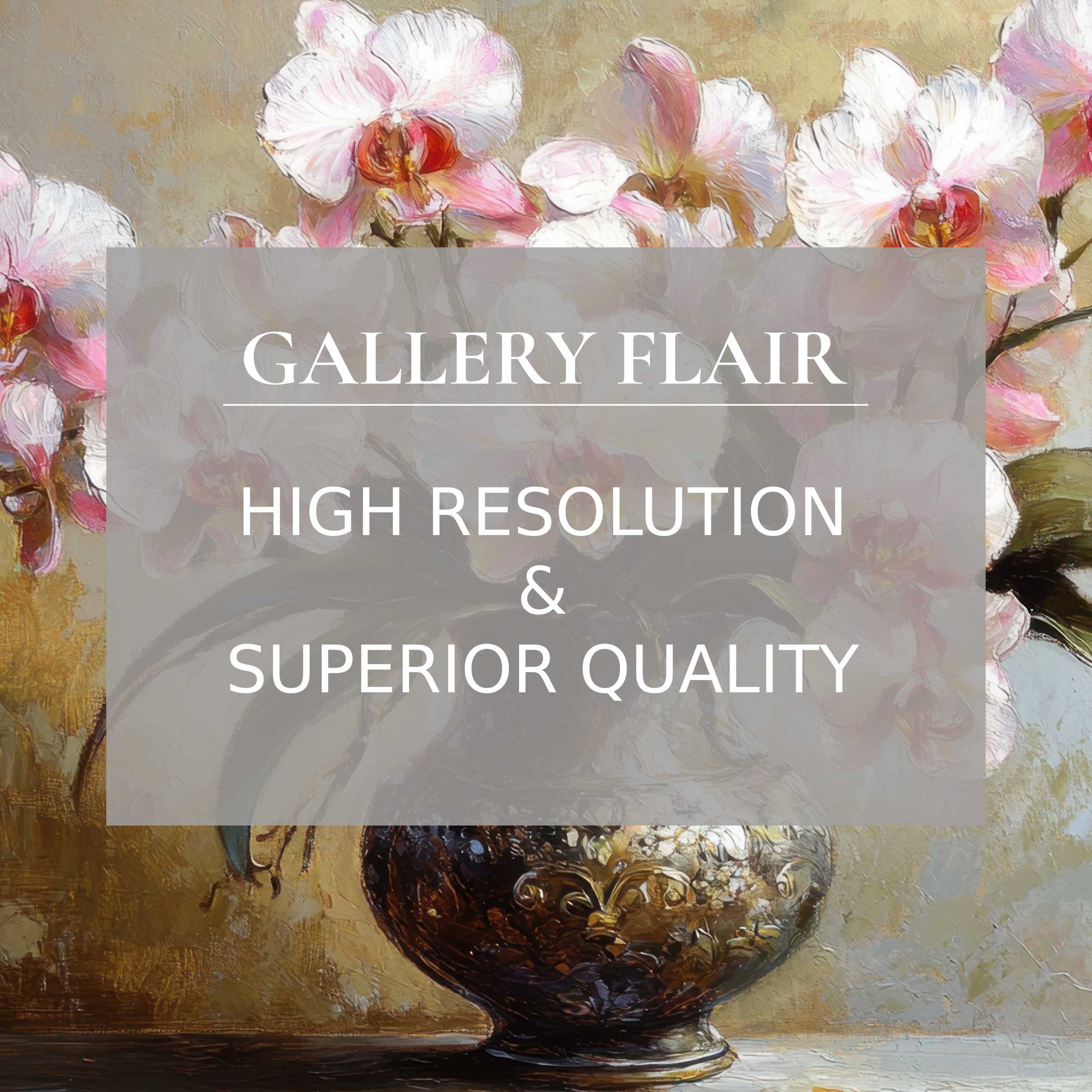Radiant floral printable art featuring delicate orchids in a gilded vase, enhancing modern interiors with elegant, high-resolution detail